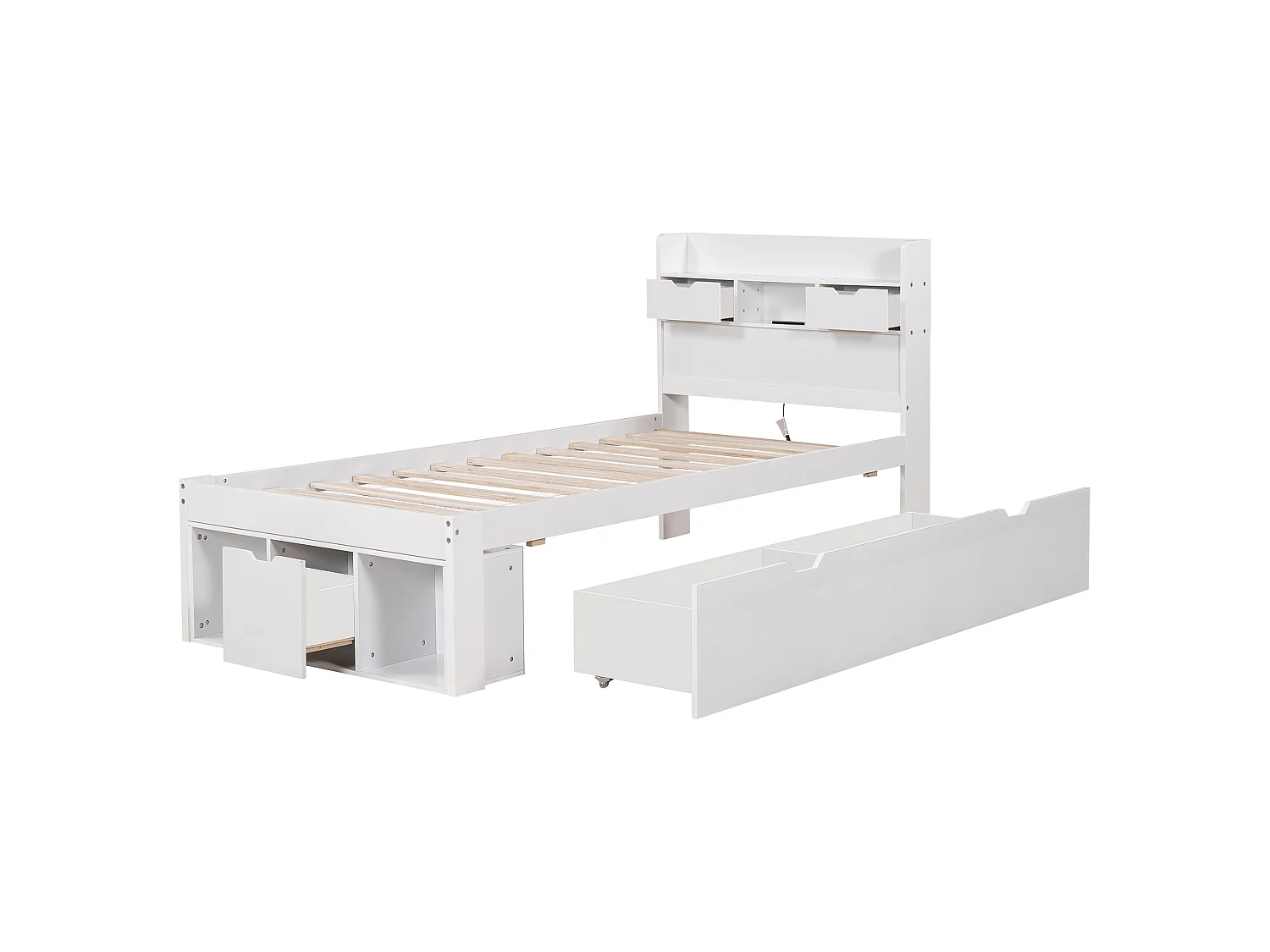 Lit simple 90x200 cm avec USB, tiroirs et armoire de rangement, lit enfant ado multifonction, sans matelas, blanc
