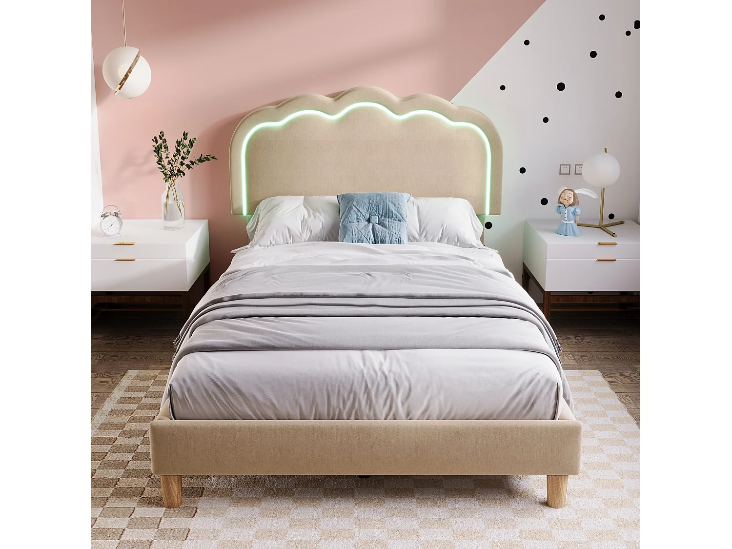Lit Simple 90x200cm Beige Lin, Têtière LED Puff Forme, 16 Couleurs Mode Musique, Réglable, Cadre Stable, Montage Facile