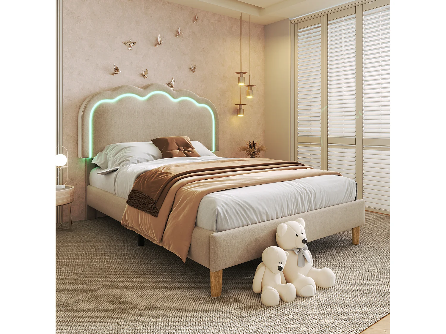 Lit Simple 90x200cm Beige Lin, Têtière LED Puff Forme, 16 Couleurs Mode Musique, Réglable, Cadre Stable, Montage Facile