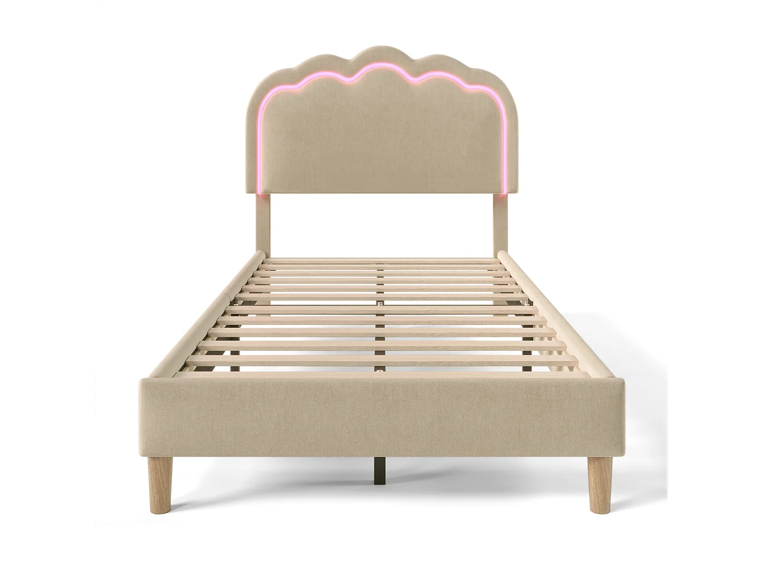 Lit Simple 90x200cm Beige Lin, Têtière LED Puff Forme, 16 Couleurs Mode Musique, Réglable, Cadre Stable, Montage Facile