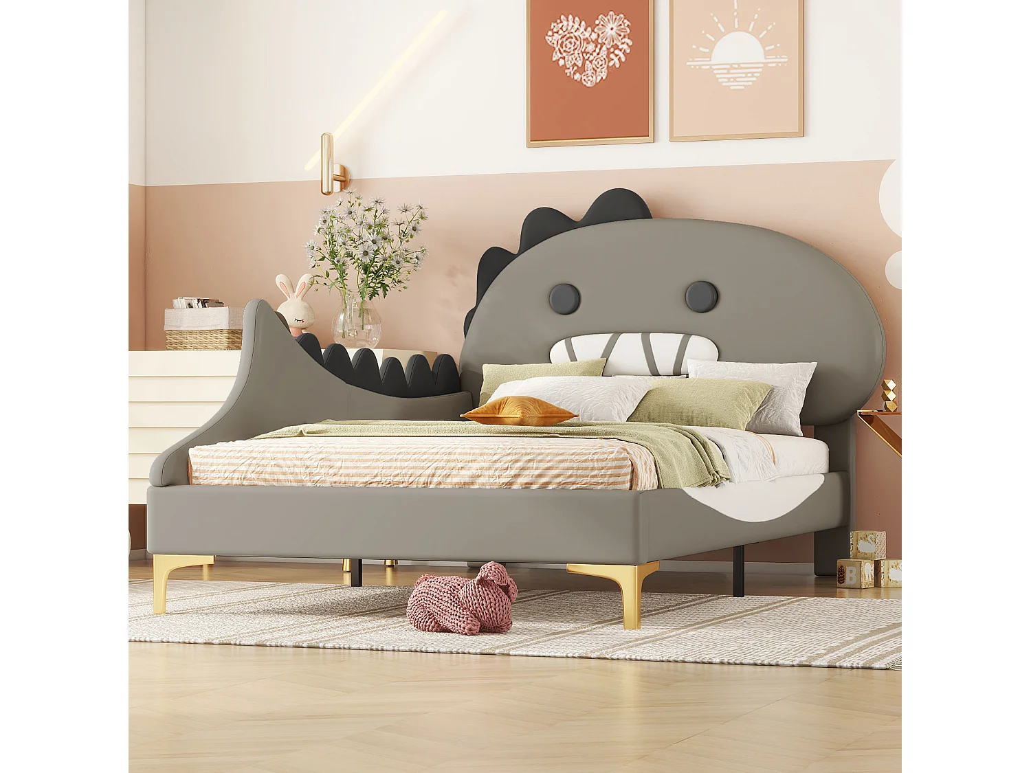 Lit enfant 90x200 cm gris, tête de lit dinosaure, lit simple en PU, cadre plat pour chambre d enfant