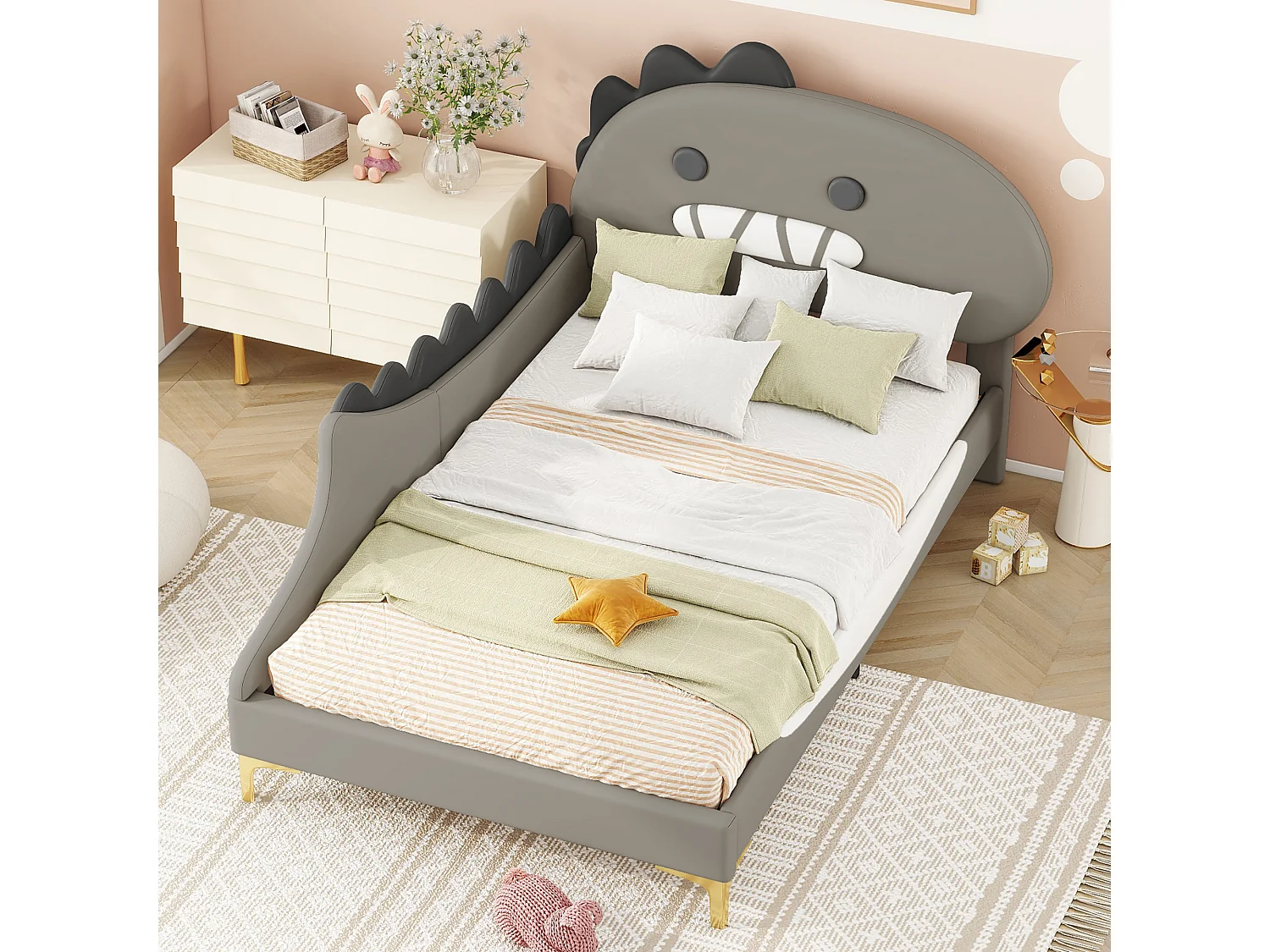 Lit enfant 90x200 cm gris, tête de lit dinosaure, lit simple en PU, cadre plat pour chambre d enfant