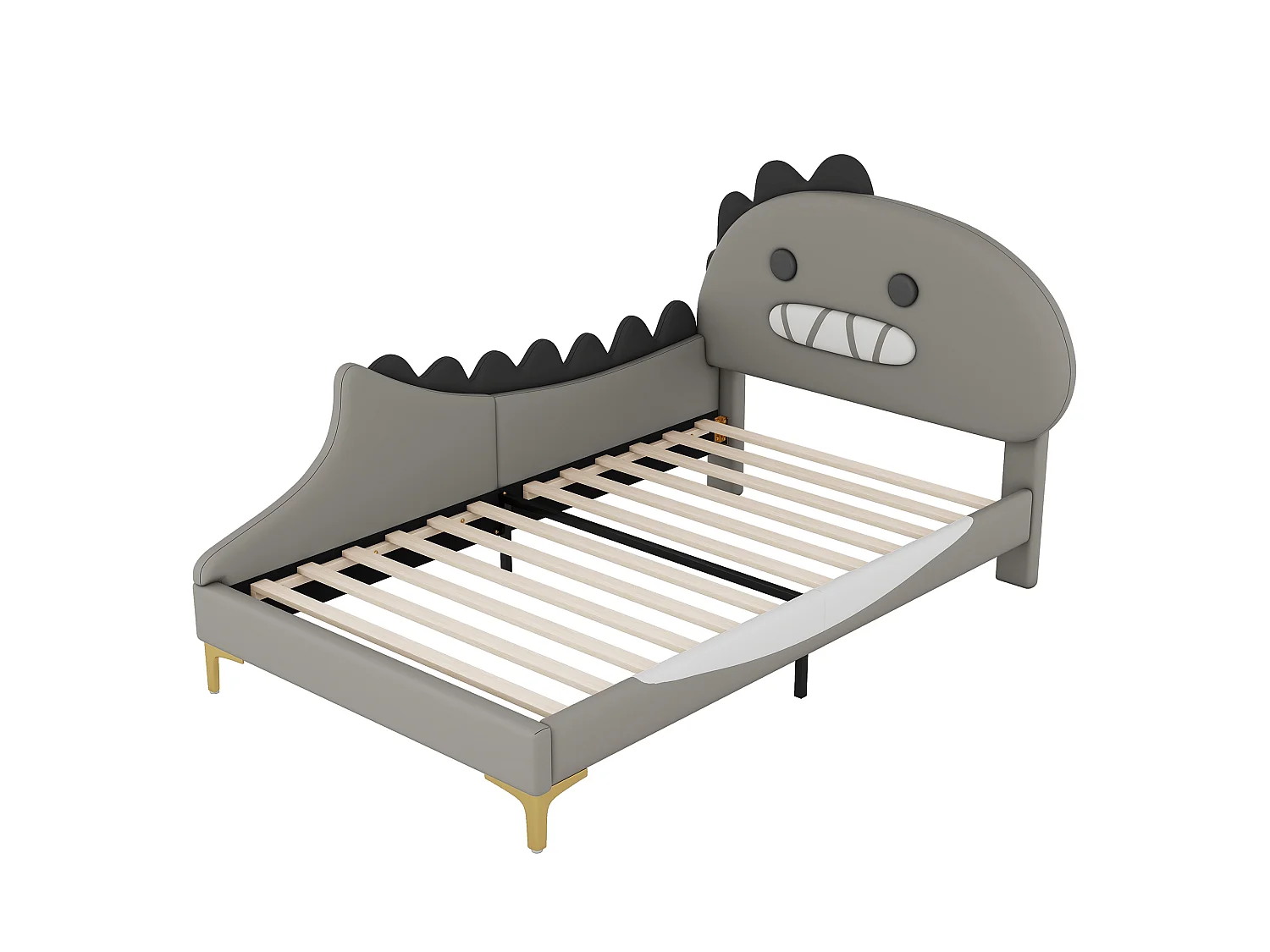 Lit enfant 90x200 cm gris, tête de lit dinosaure, lit simple en PU, cadre plat pour chambre d enfant