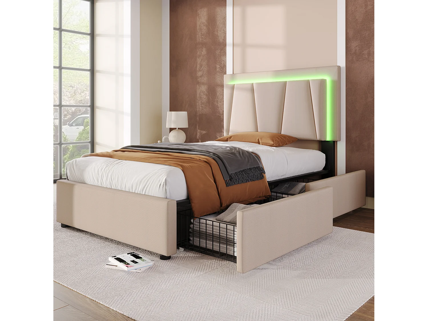 Lit simple 90x200 cm avec LED et 2 tiroirs, lit rembourré avec tête de lit réglable et sommier à lattes, beige