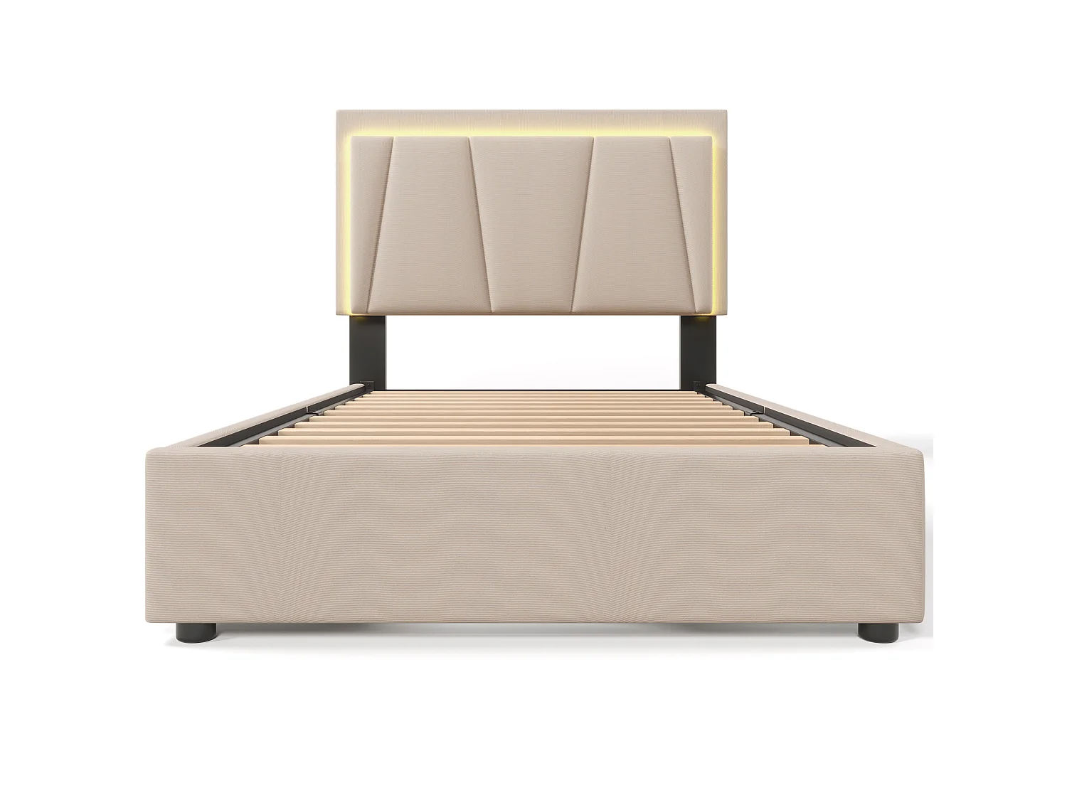 Lit simple 90x200 cm avec LED et 2 tiroirs, lit rembourré avec tête de lit réglable et sommier à lattes, beige