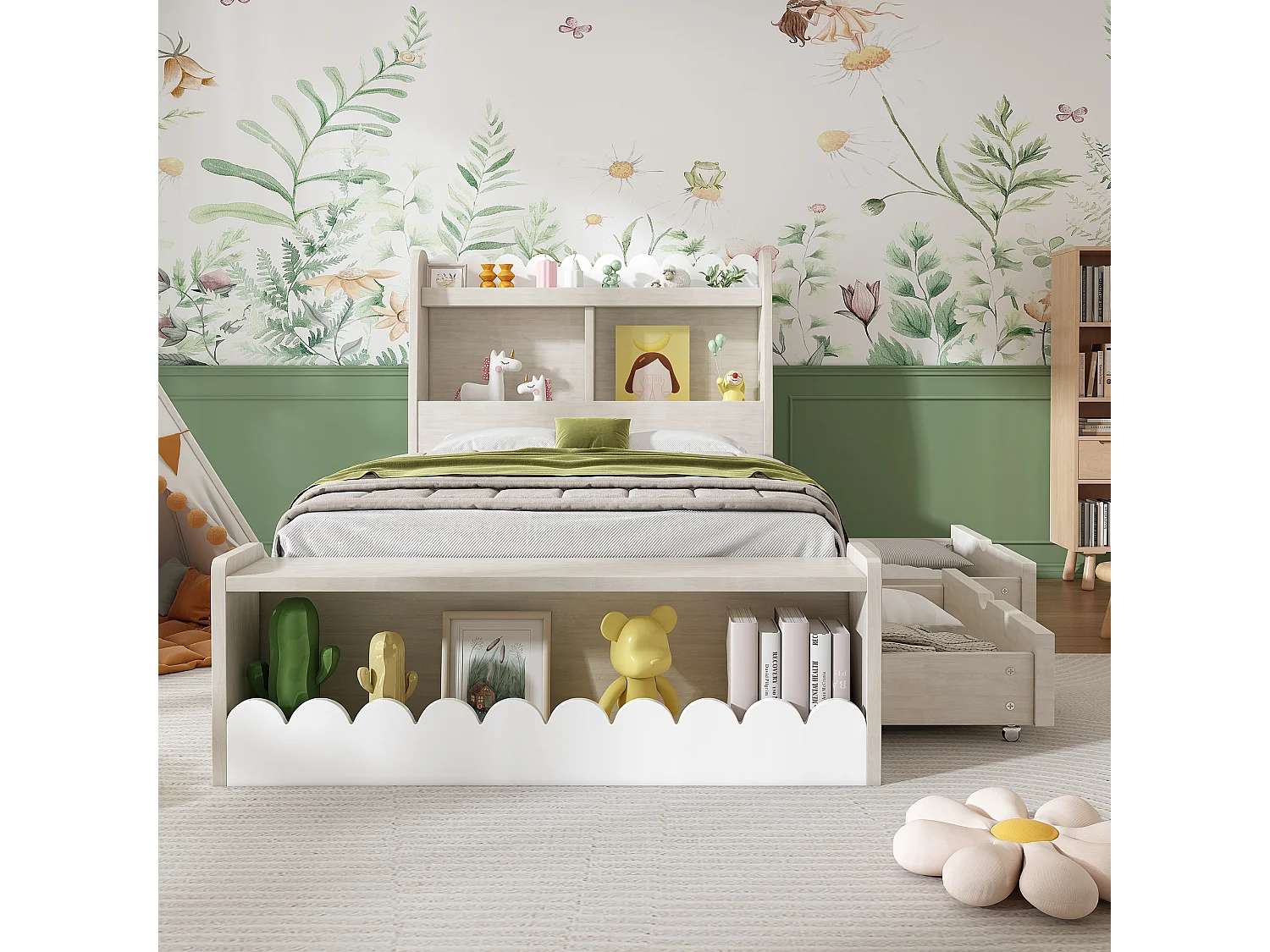 Lit enfant 90x200 cm, lit avec tiroirs, étagères et banc de rangement, bois et chêne, somier inclus, sans matelas, blanc