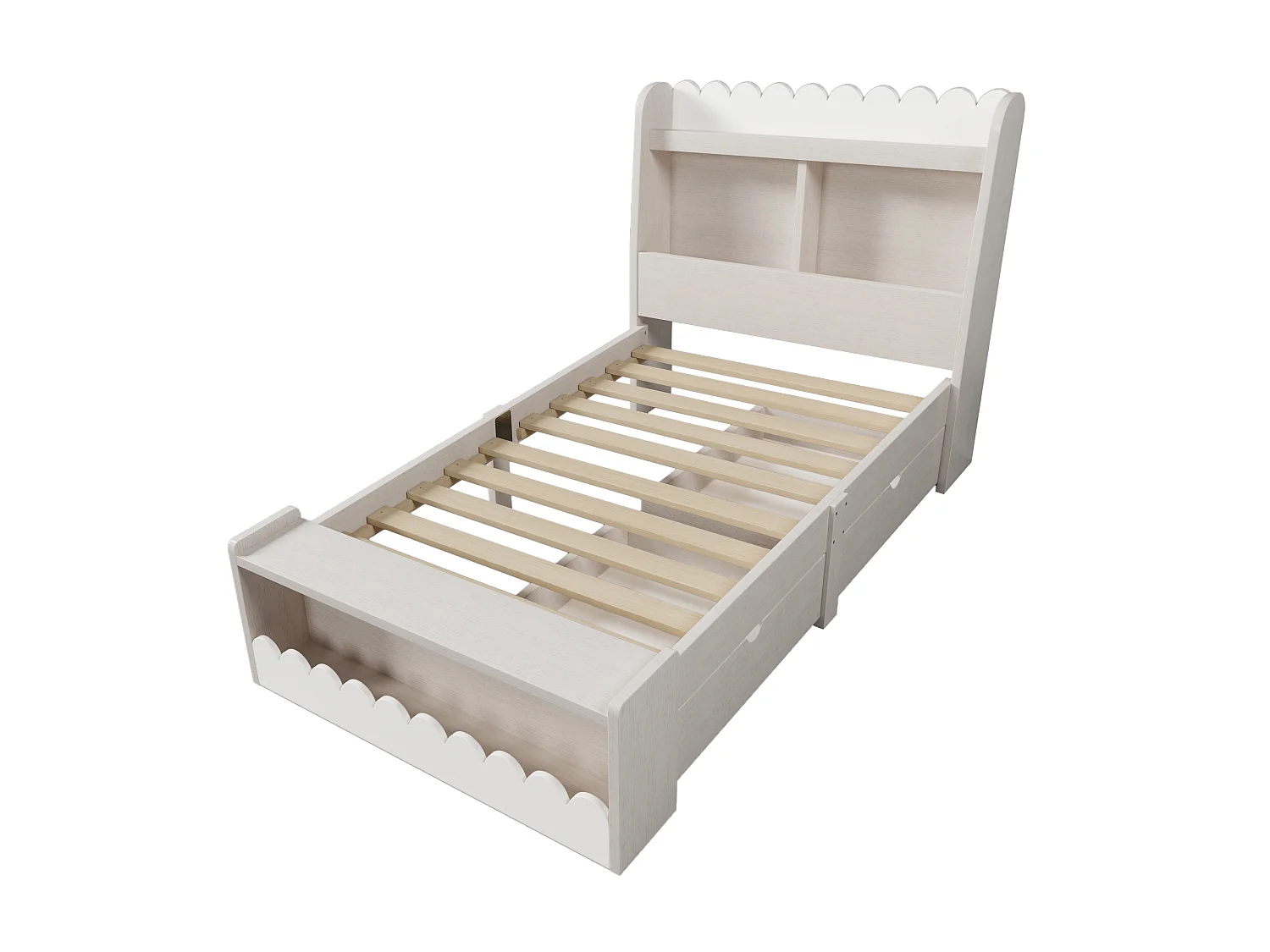 Lit enfant 90x200 cm, lit avec tiroirs, étagères et banc de rangement, bois et chêne, somier inclus, sans matelas, blanc