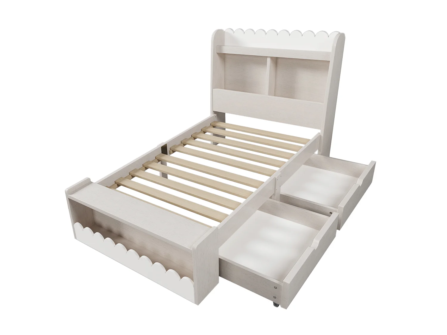 Lit enfant 90x200 cm, lit avec tiroirs, étagères et banc de rangement, bois et chêne, somier inclus, sans matelas, blanc