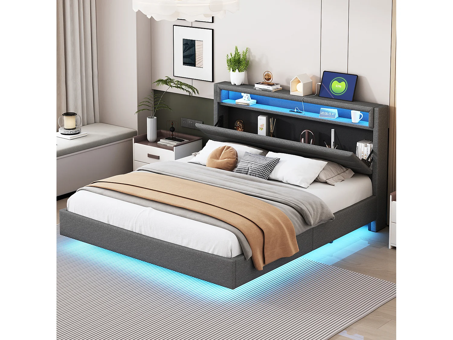 Lit tapissier 160x200 cm avec USB, LED intégrées, tête réversible, pieds invisibles, lin pour adulte et adolescent, gris
