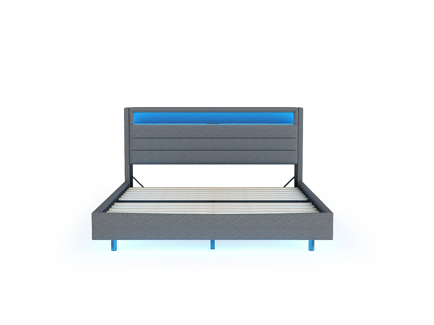 Lit tapissier 160x200 cm avec USB, LED intégrées, tête réversible, pieds invisibles, lin pour adulte et adolescent, gris