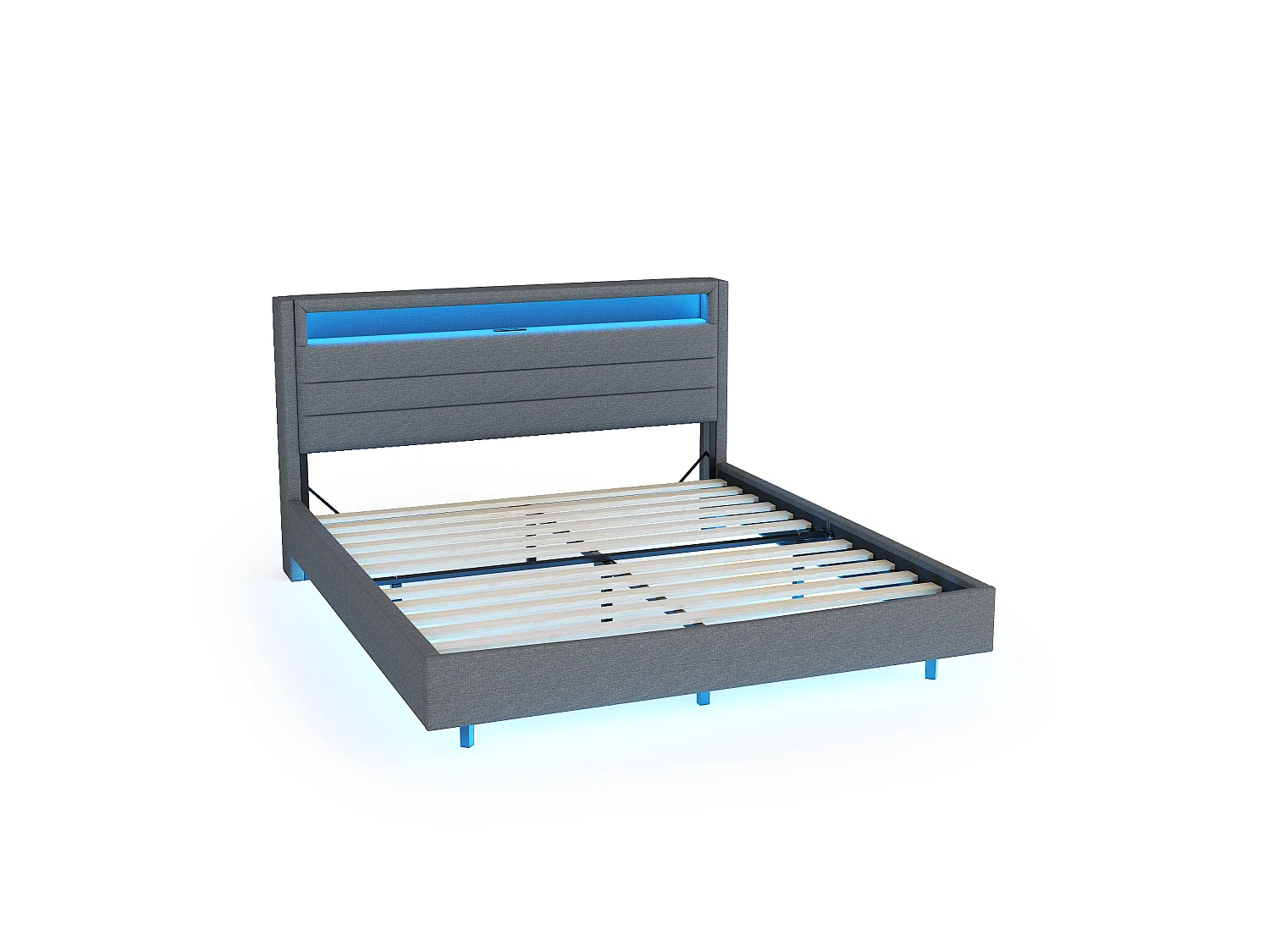 Lit tapissier 160x200 cm avec USB, LED intégrées, tête réversible, pieds invisibles, lin pour adulte et adolescent, gris