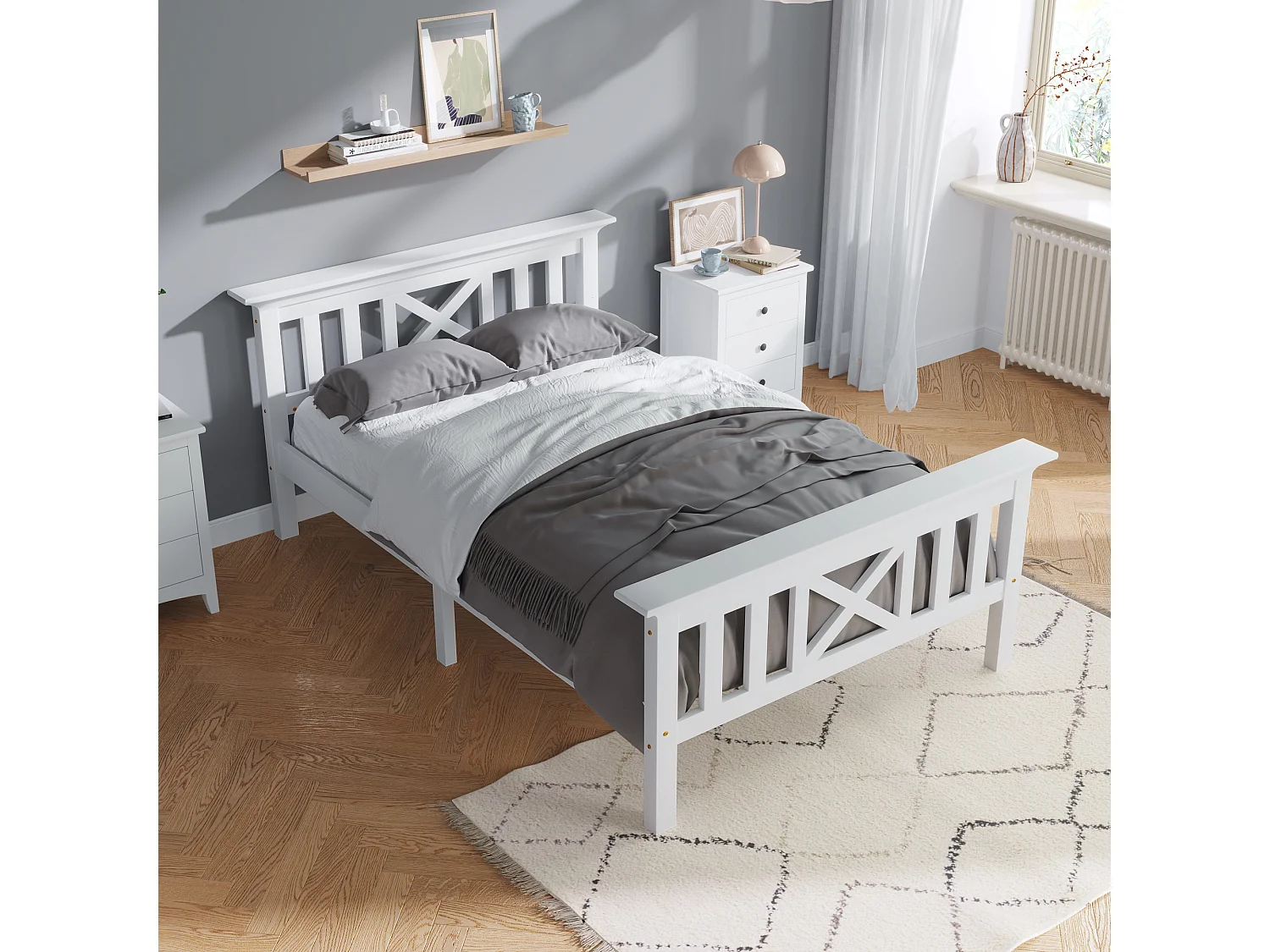Lit Enfant Adolescent Bois Massif Blanc 90x200 cm avec Tête de Lit X, Sommier à Lattes Bois Inclus, Blanc