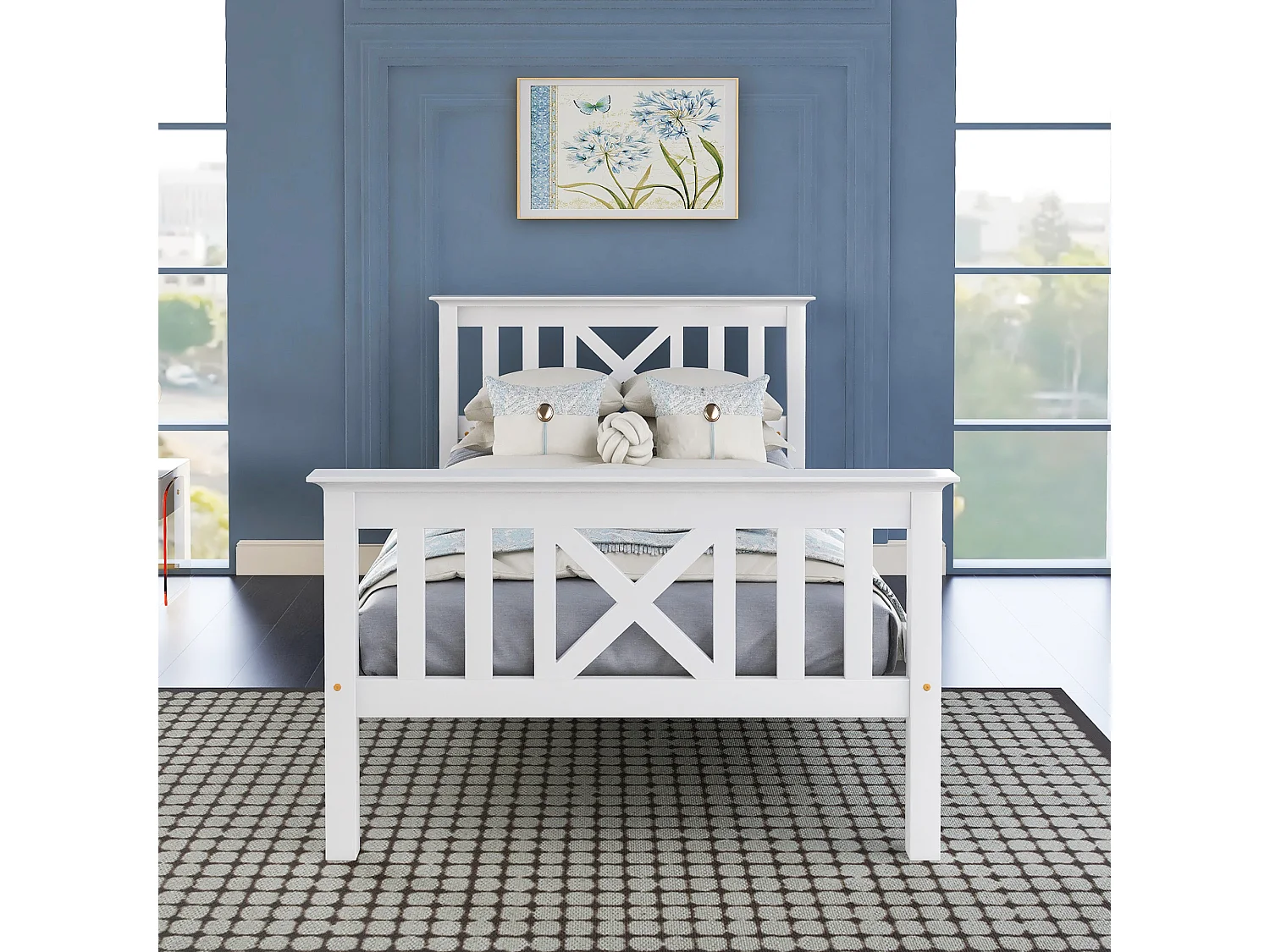 Lit Enfant Adolescent Bois Massif Blanc 90x200 cm avec Tête de Lit X, Sommier à Lattes Bois Inclus, Blanc