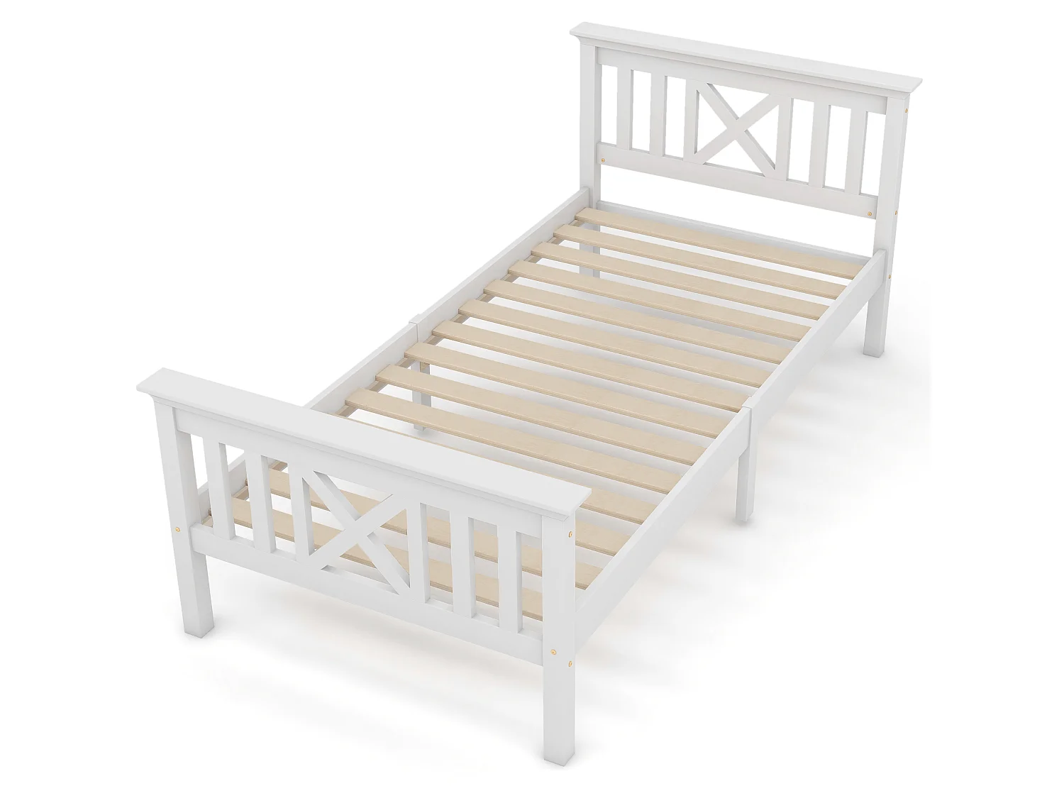 Lit Enfant Adolescent Bois Massif Blanc 90x200 cm avec Tête de Lit X, Sommier à Lattes Bois Inclus, Blanc