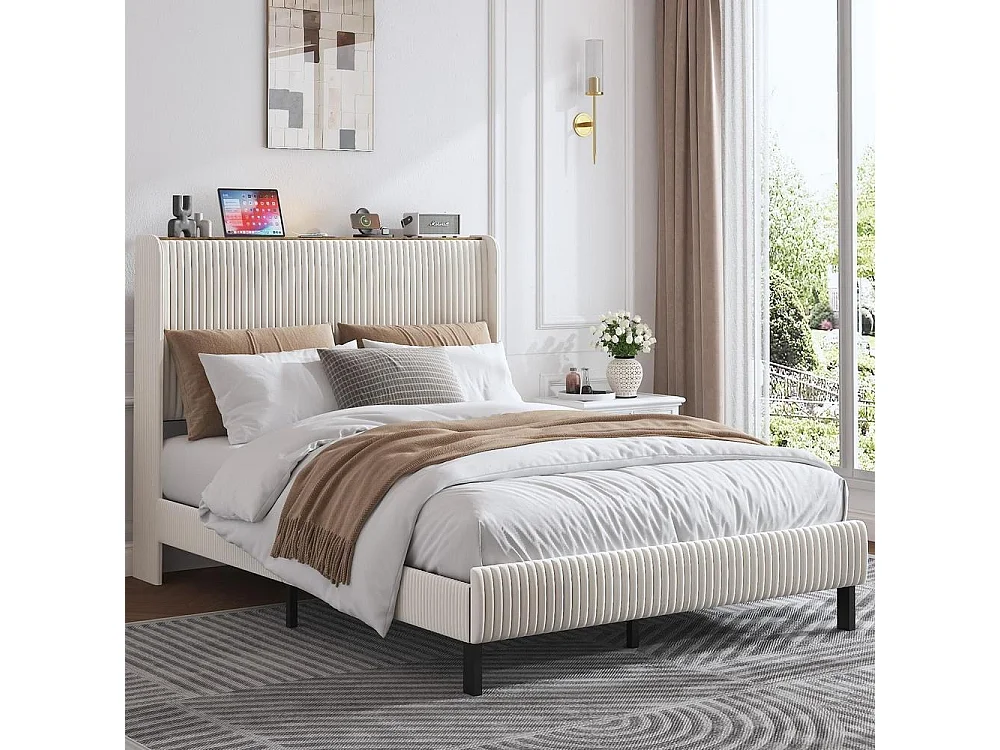 Lit plateforme capitonné 140x200 cm, côtés ailes, lattes métal, anti-bruit, anti-dérapant, sans sommier, tissu doux, Beige et crème