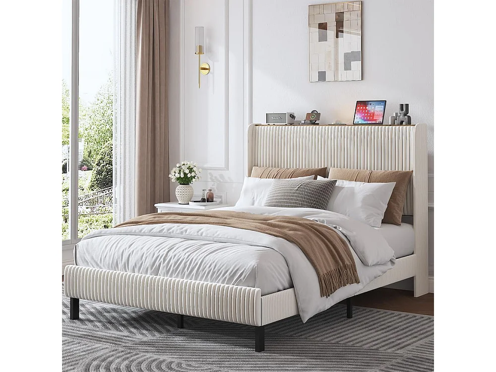 Lit plateforme capitonné 140x200 cm, côtés ailes, lattes métal, anti-bruit, anti-dérapant, sans sommier, tissu doux, Beige et crème