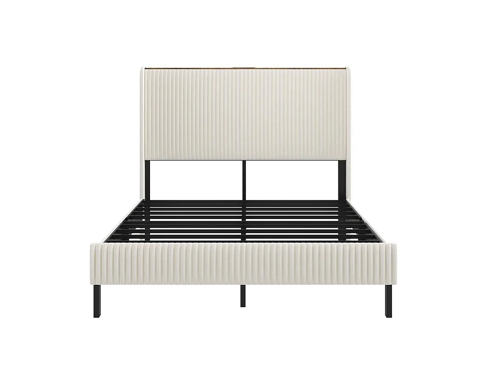 Lit plateforme capitonné 140x200 cm, côtés ailes, lattes métal, anti-bruit, anti-dérapant, sans sommier, tissu doux, Beige et crème
