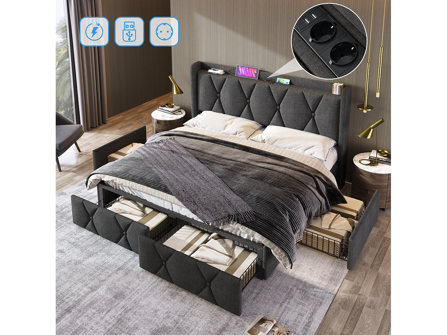 Lit double 140x200 cm avec USB, prises et 4 tiroirs, lit rembourré avec sommier à lattes, sans matelas, gris