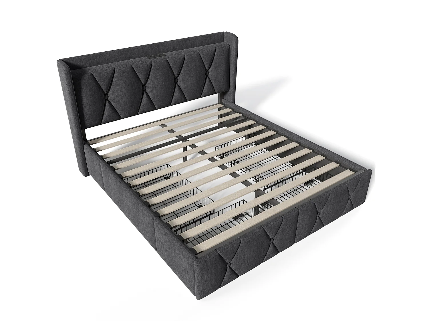 Lit double 140x200 cm avec USB, prises et 4 tiroirs, lit rembourré avec sommier à lattes, sans matelas, gris