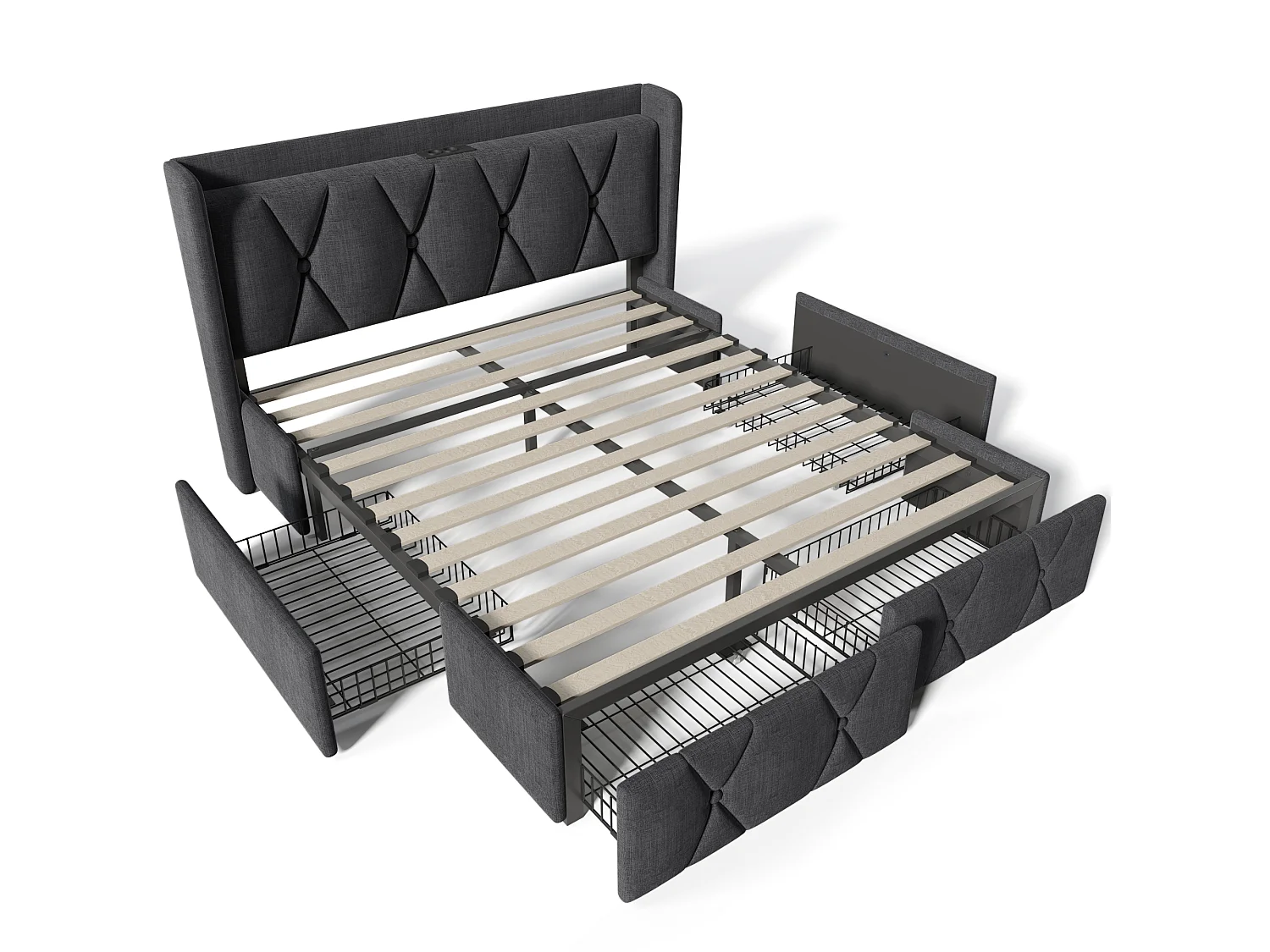 Lit double 140x200 cm avec USB, prises et 4 tiroirs, lit rembourré avec sommier à lattes, sans matelas, gris
