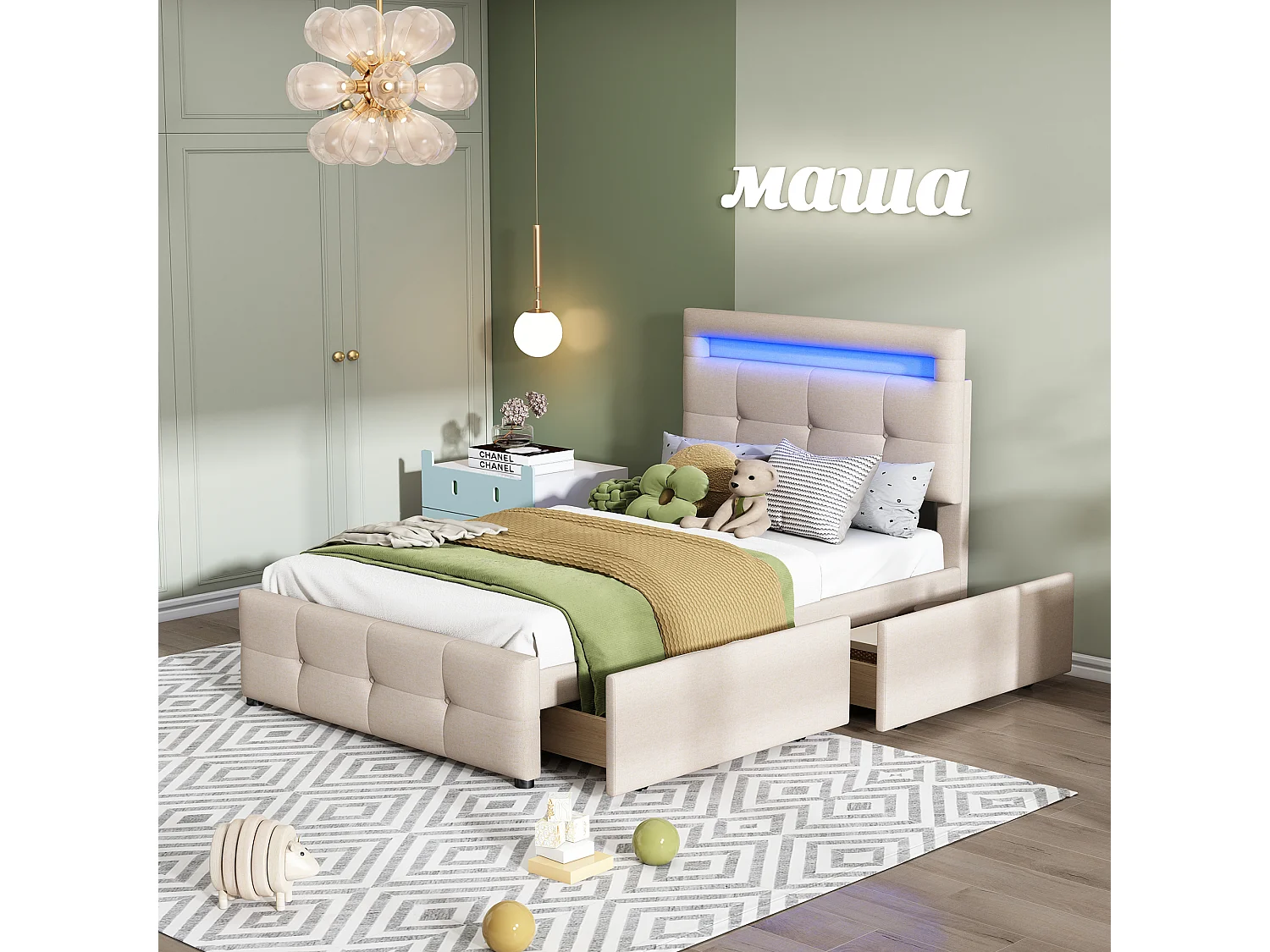 Lit rembourré 90x200 cm beige avec LED, 2 tiroirs et tête de lit réglable, lit simple en lin pour enfant ado