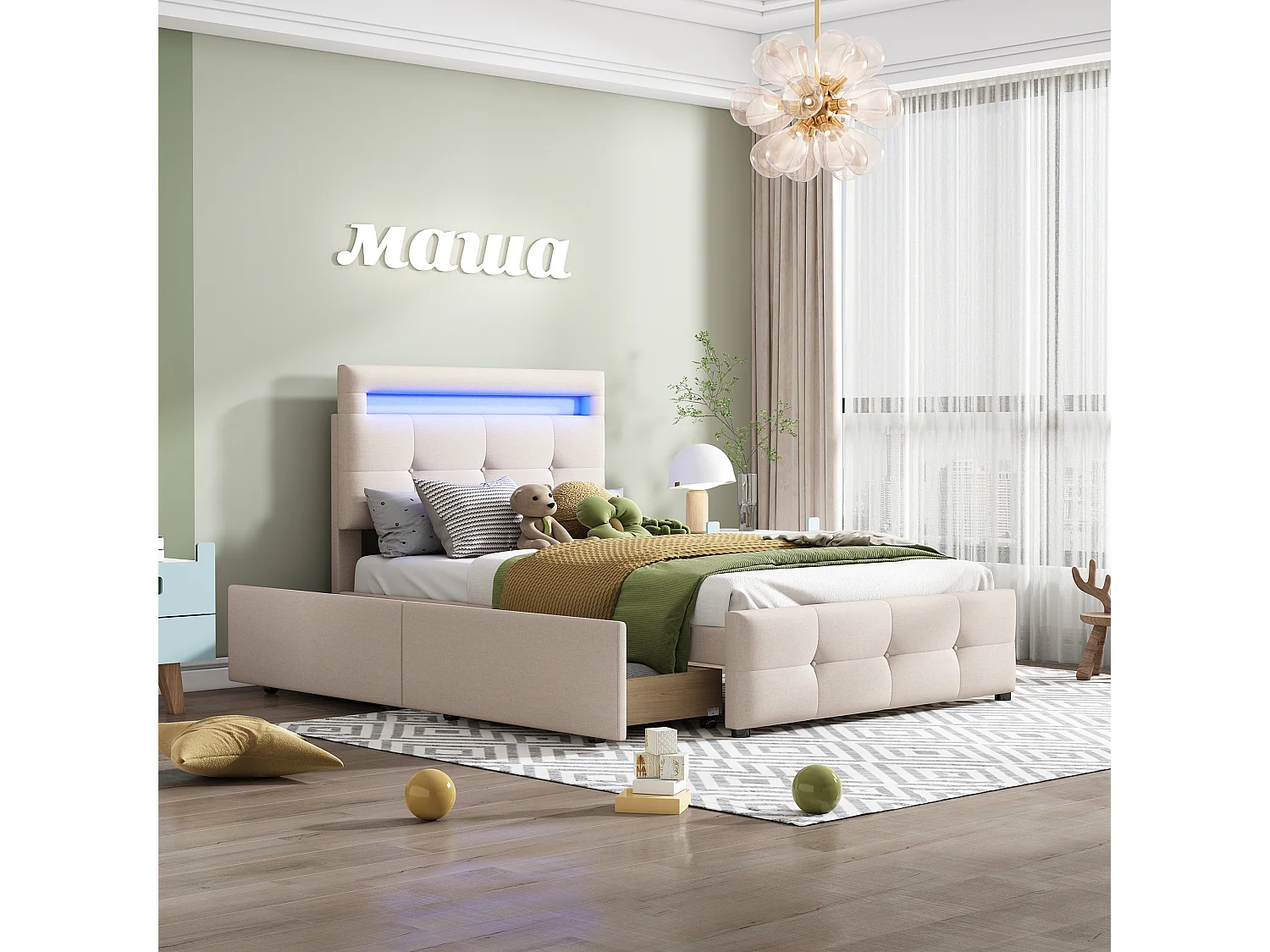Lit rembourré 90x200 cm beige avec LED, 2 tiroirs et tête de lit réglable, lit simple en lin pour enfant ado