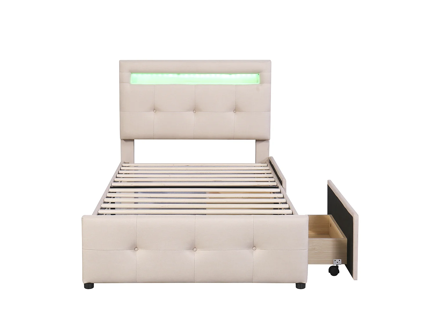 Lit rembourré 90x200 cm beige avec LED, 2 tiroirs et tête de lit réglable, lit simple en lin pour enfant ado