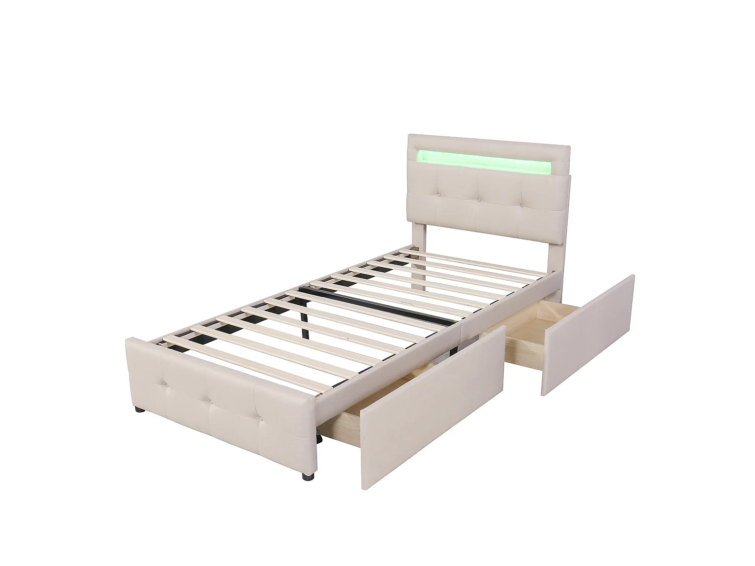 Lit rembourré 90x200 cm beige avec LED, 2 tiroirs et tête de lit réglable, lit simple en lin pour enfant ado