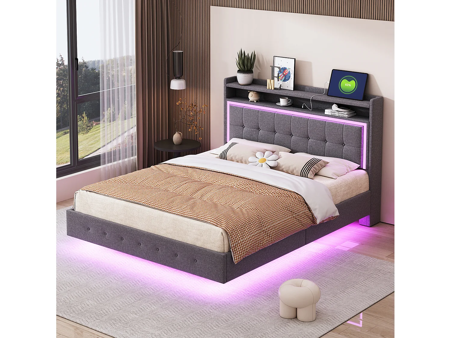 Lit rembourré 140x200 cm, avec prise USB et éclairage LED, tête de lit réglable, lit double en lin, gris