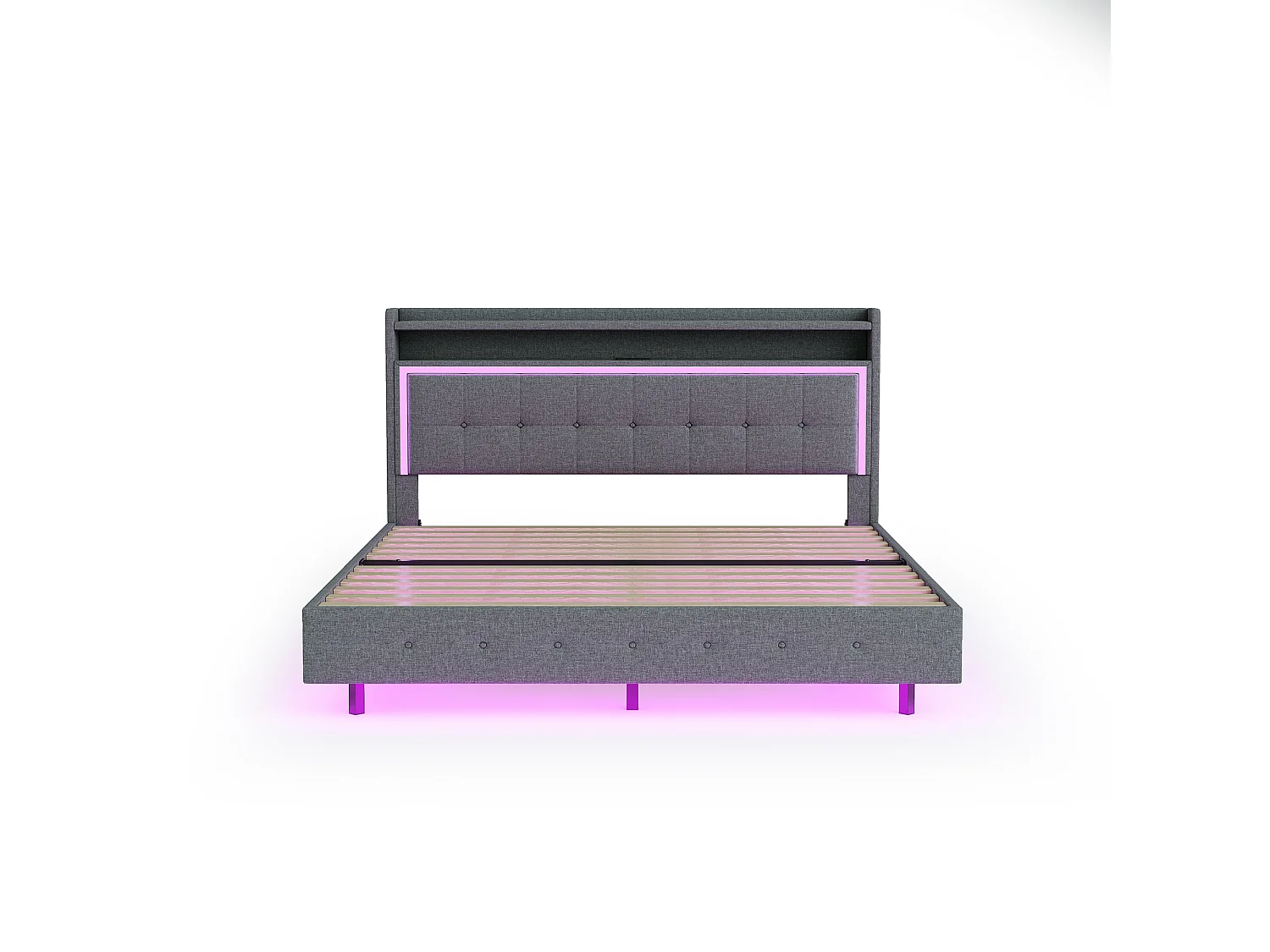 Lit rembourré 140x200 cm, avec prise USB et éclairage LED, tête de lit réglable, lit double en lin, gris