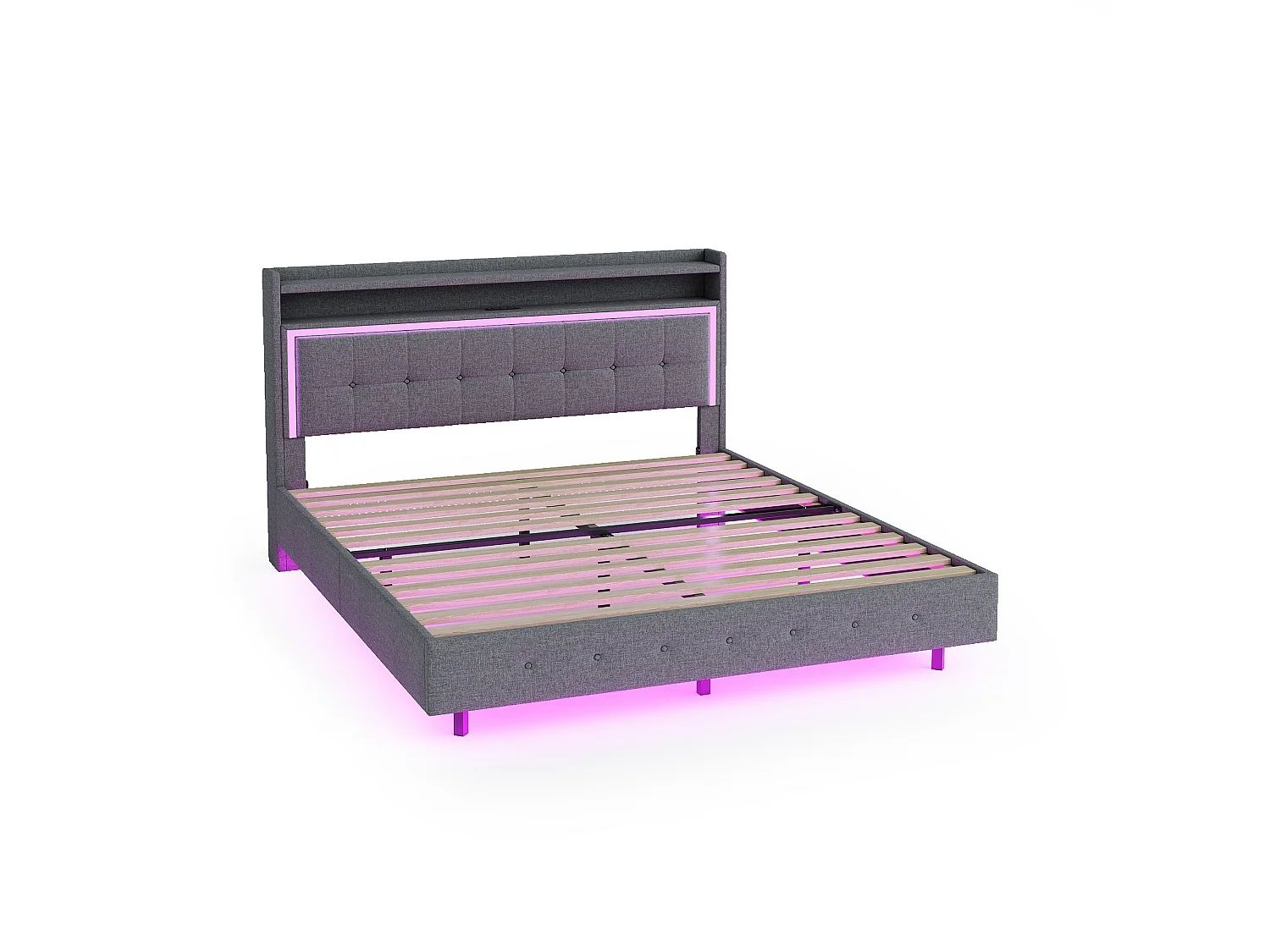 Lit rembourré 140x200 cm, avec prise USB et éclairage LED, tête de lit réglable, lit double en lin, gris
