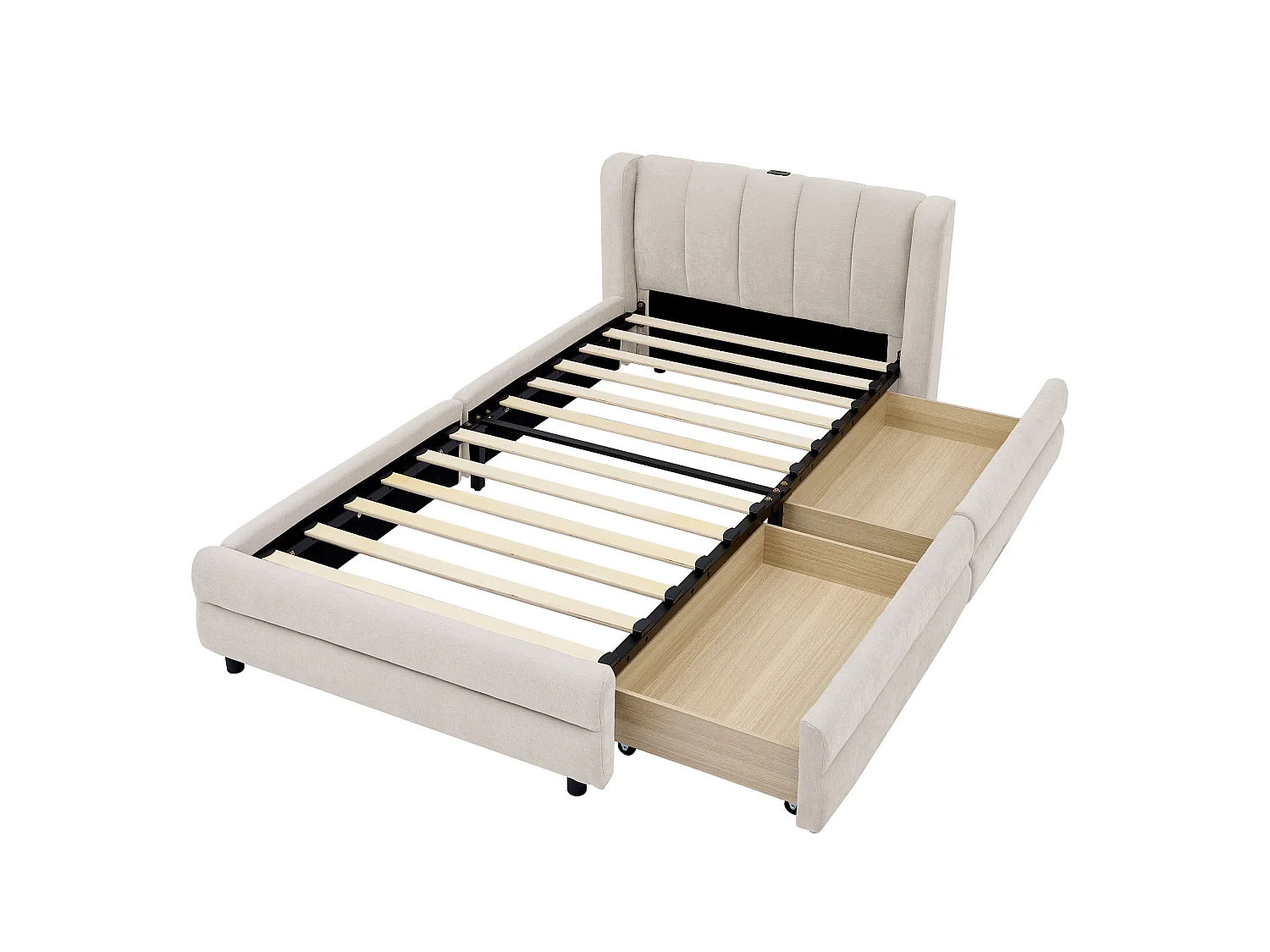 Lit Simple 90x200 cm, Chenille, USB, 2 Tiroirs, Rangement, Dossier, Ergonomique, Sans Matelas, Enfant, Invité, Beige
