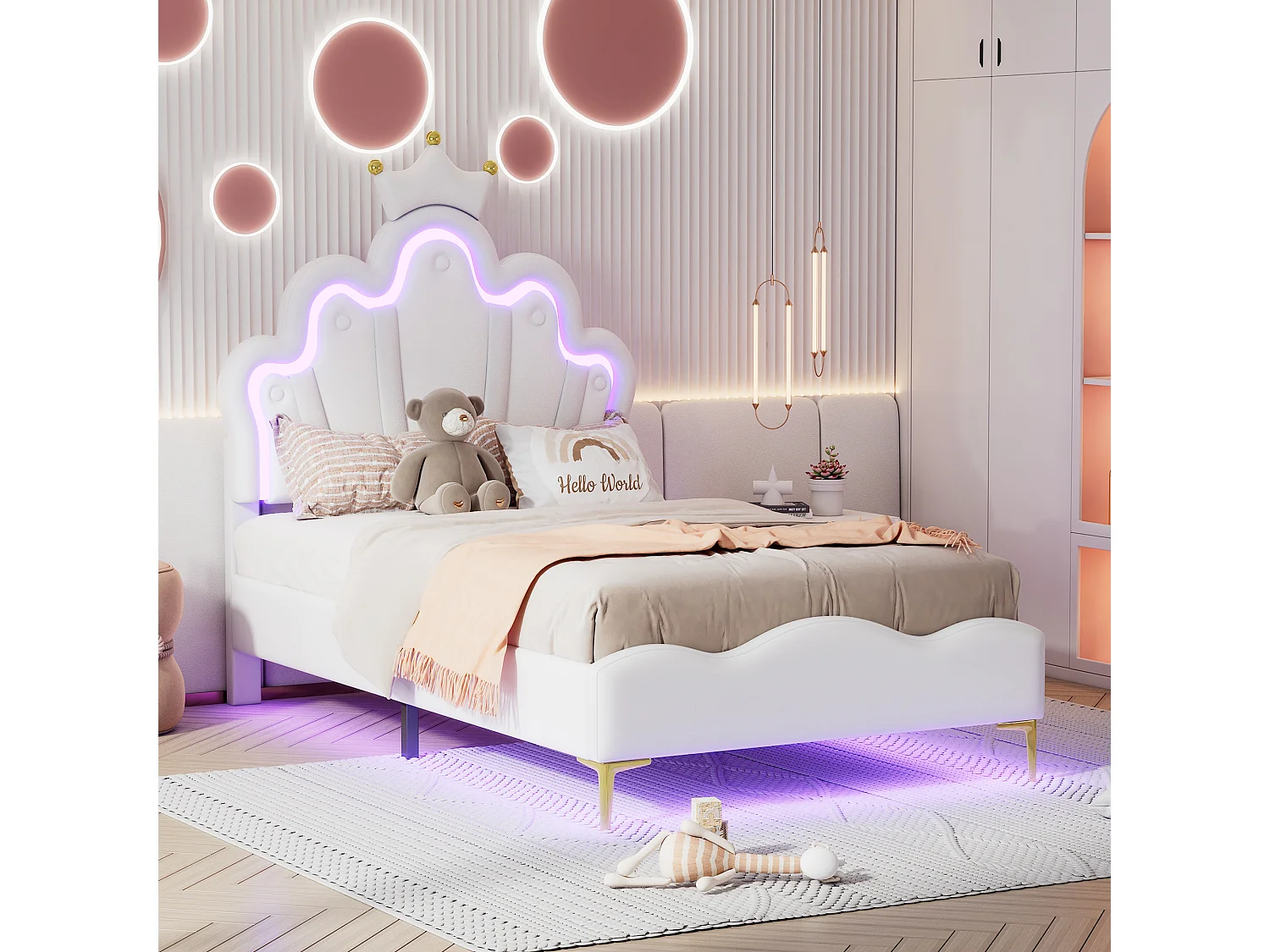 Lit 90x200 cm couronne princesse avec bande LED réglable, tête de lit rembourrée en similicuir blanc