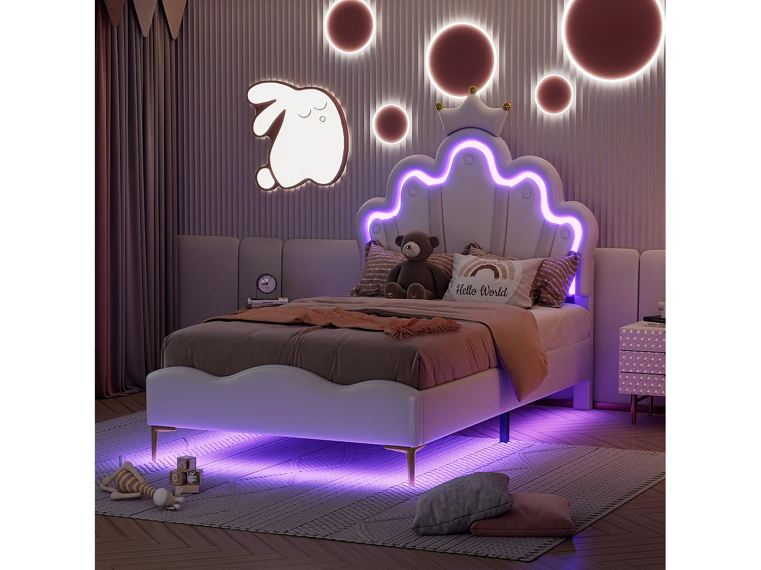 Lit 90x200 cm couronne princesse avec bande LED réglable, tête de lit rembourrée en similicuir blanc