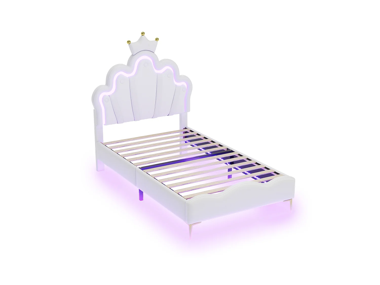 Lit 90x200 cm couronne princesse avec bande LED réglable, tête de lit rembourrée en similicuir blanc