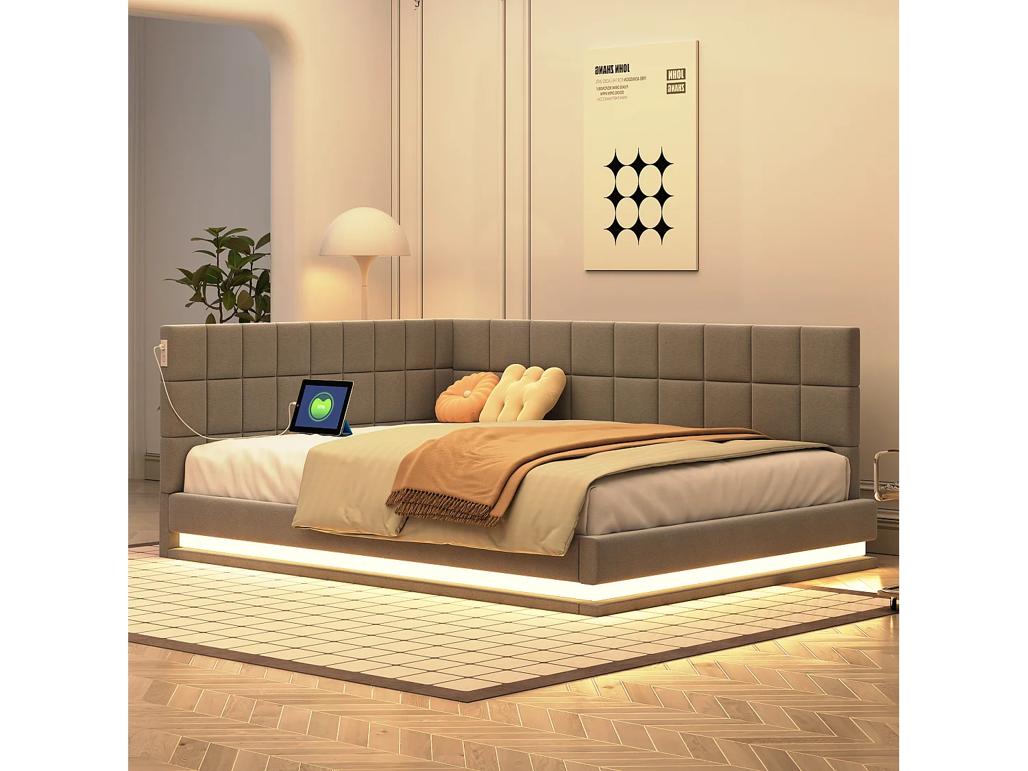 Canapé-Lit 140x200cm Velours Gris, LED RGB USB, Cadre Lattes 250kg, Multifonction Confortable, Sans Matelas