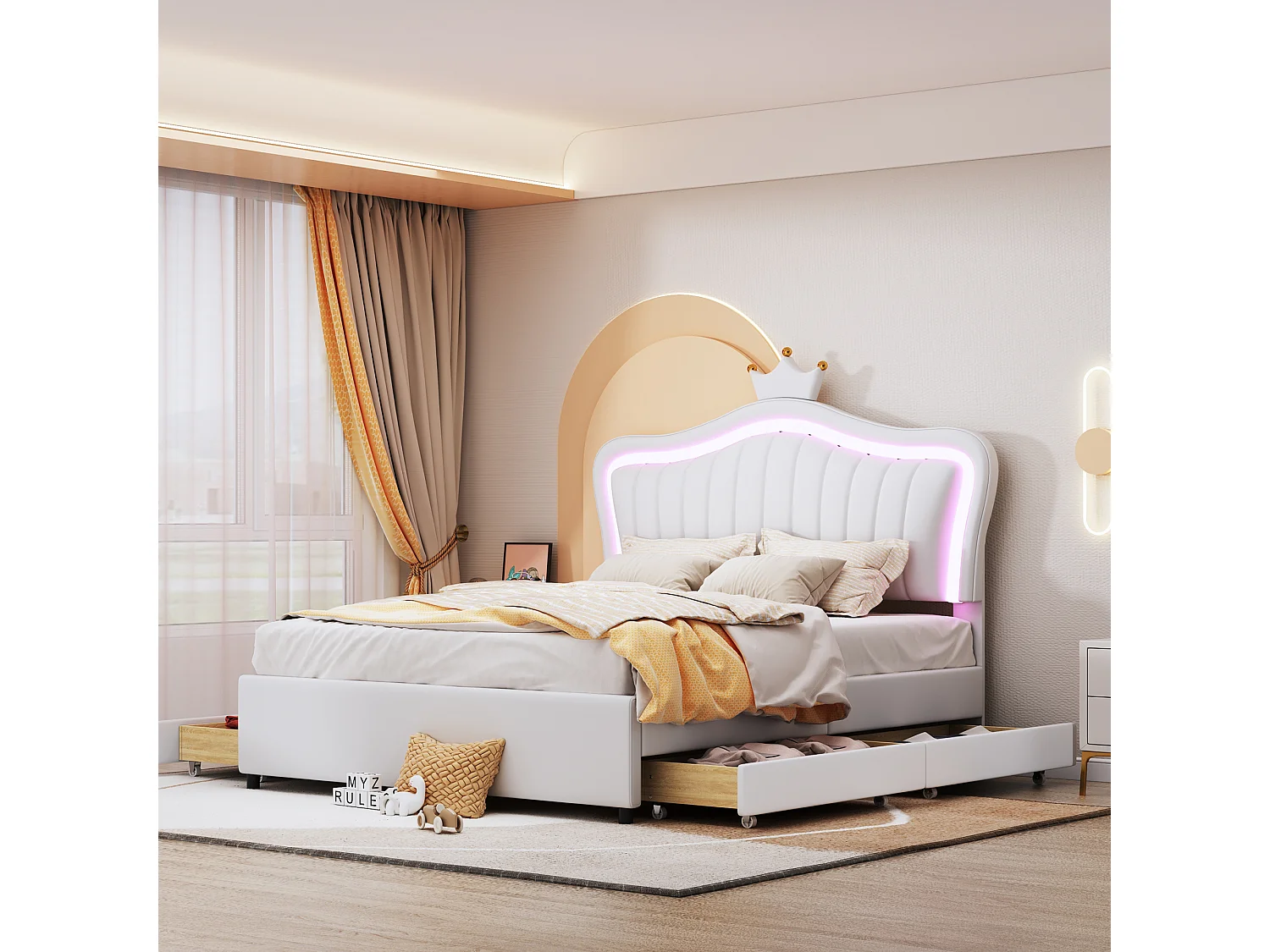 Lit Capitonné 140x200 cm, Blanc, Couronne, Fille, Cuir PU, 4 Tiroirs, LED 16 Couleurs, Télécommande, Lattes Bois, 250 kg, Montage
