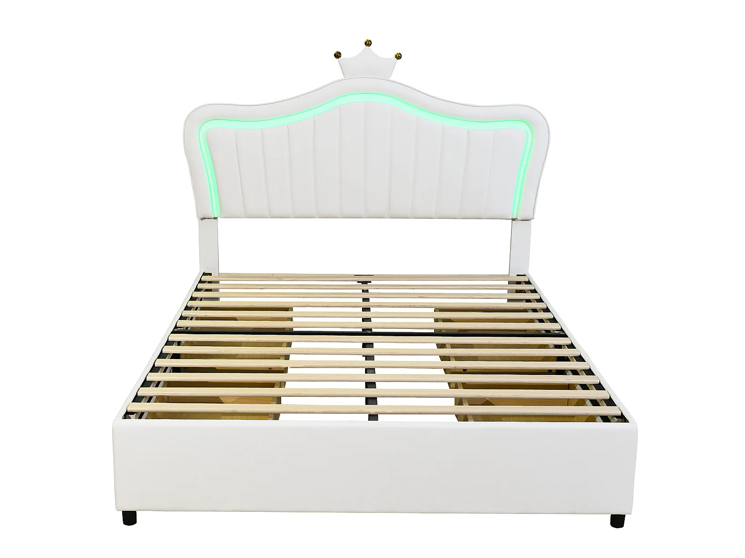 Lit Capitonné 140x200 cm, Blanc, Couronne, Fille, Cuir PU, 4 Tiroirs, LED 16 Couleurs, Télécommande, Lattes Bois, 250 kg, Montage