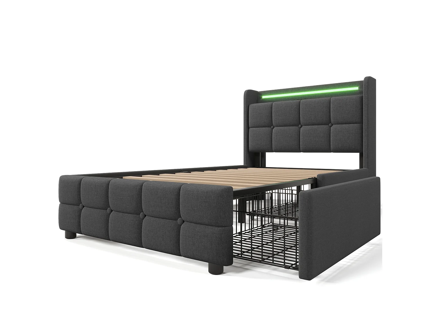 Lit simple 90x200 cm avec LED, USB, prises et 2 tiroirs, lit rembourré avec sommier à lattes, sans matelas, gris