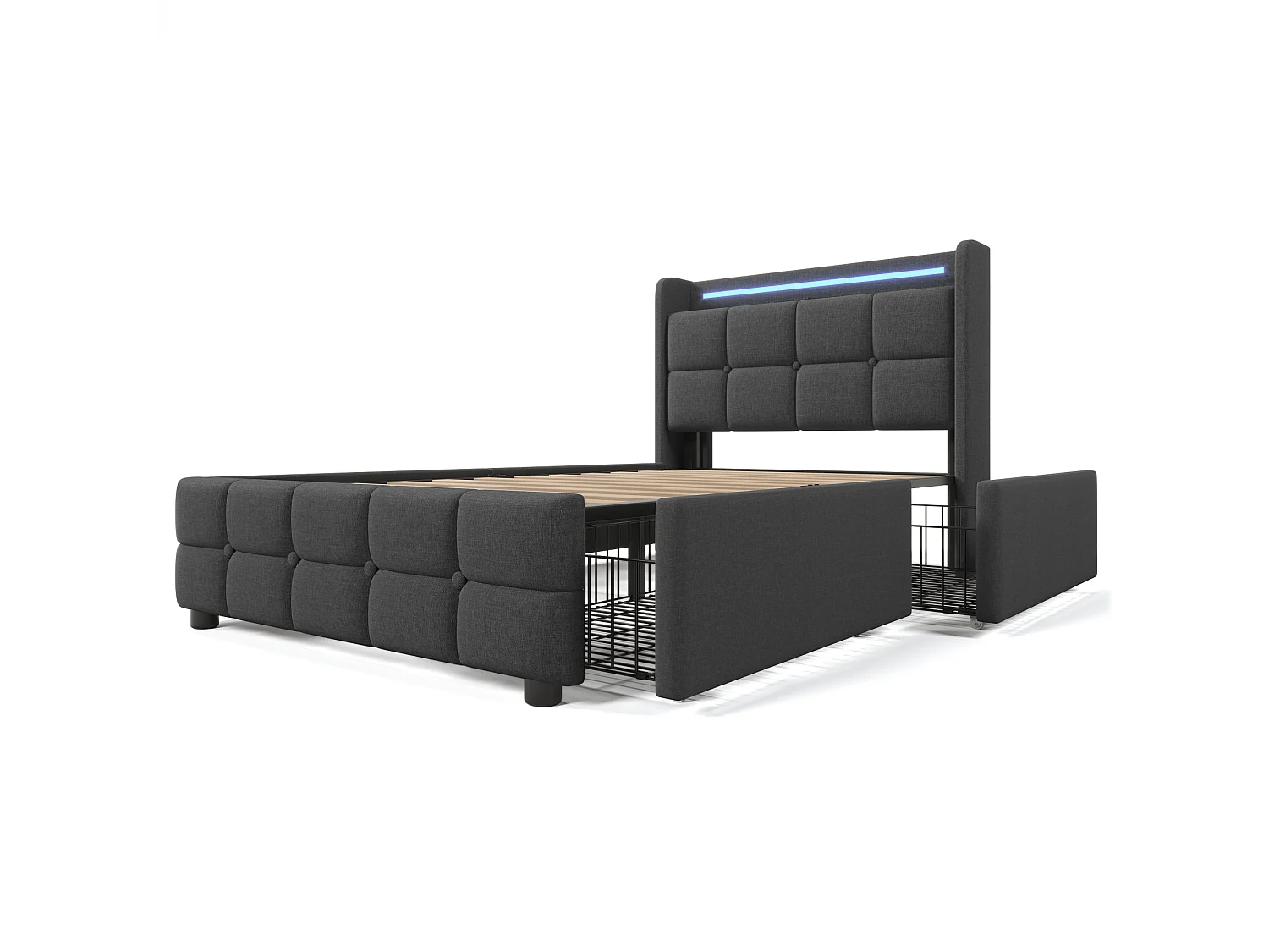 Lit simple 90x200 cm avec LED, USB, prises et 2 tiroirs, lit rembourré avec sommier à lattes, sans matelas, gris