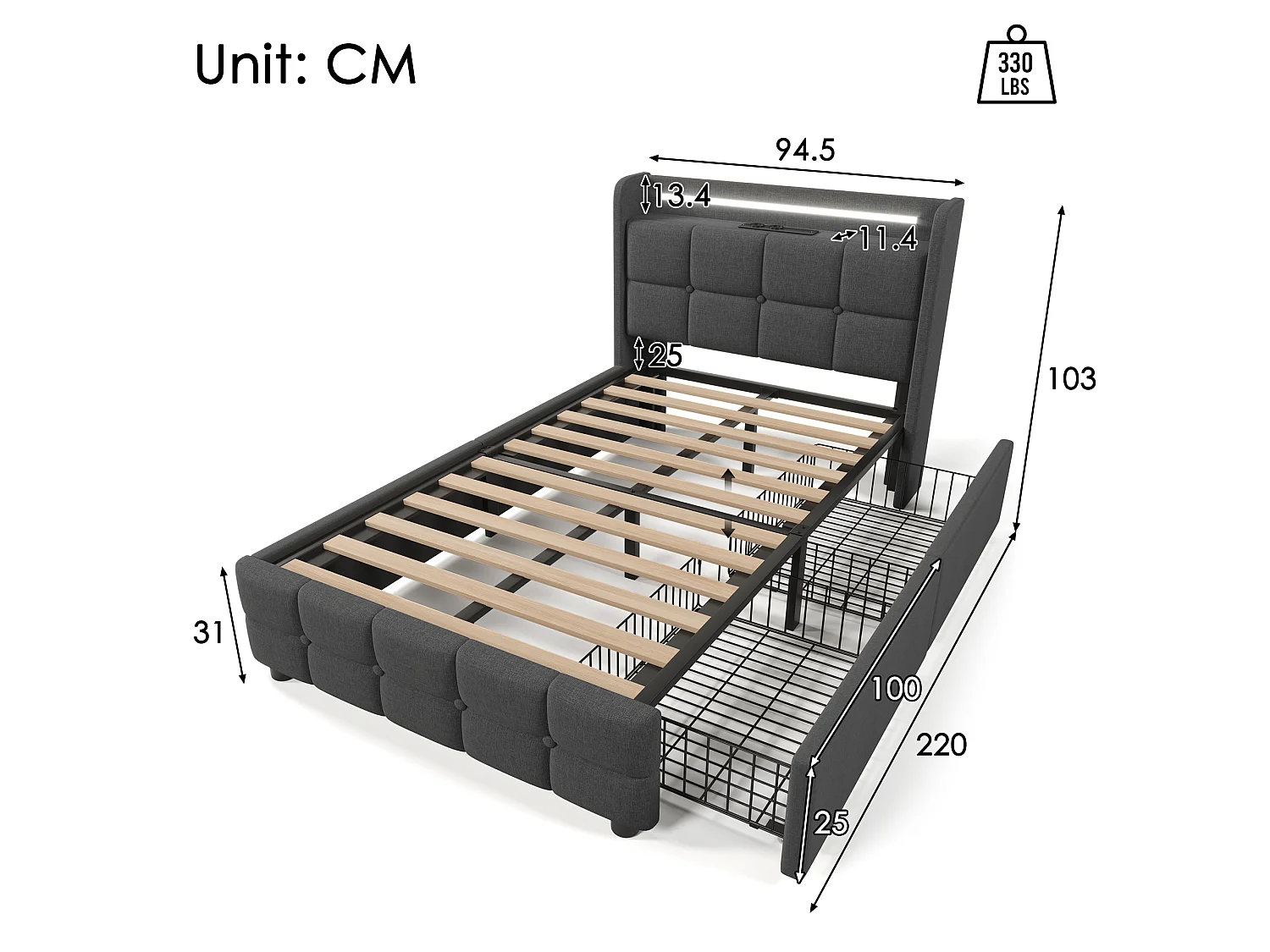 Lit simple 90x200 cm avec LED, USB, prises et 2 tiroirs, lit rembourré avec sommier à lattes, sans matelas, gris