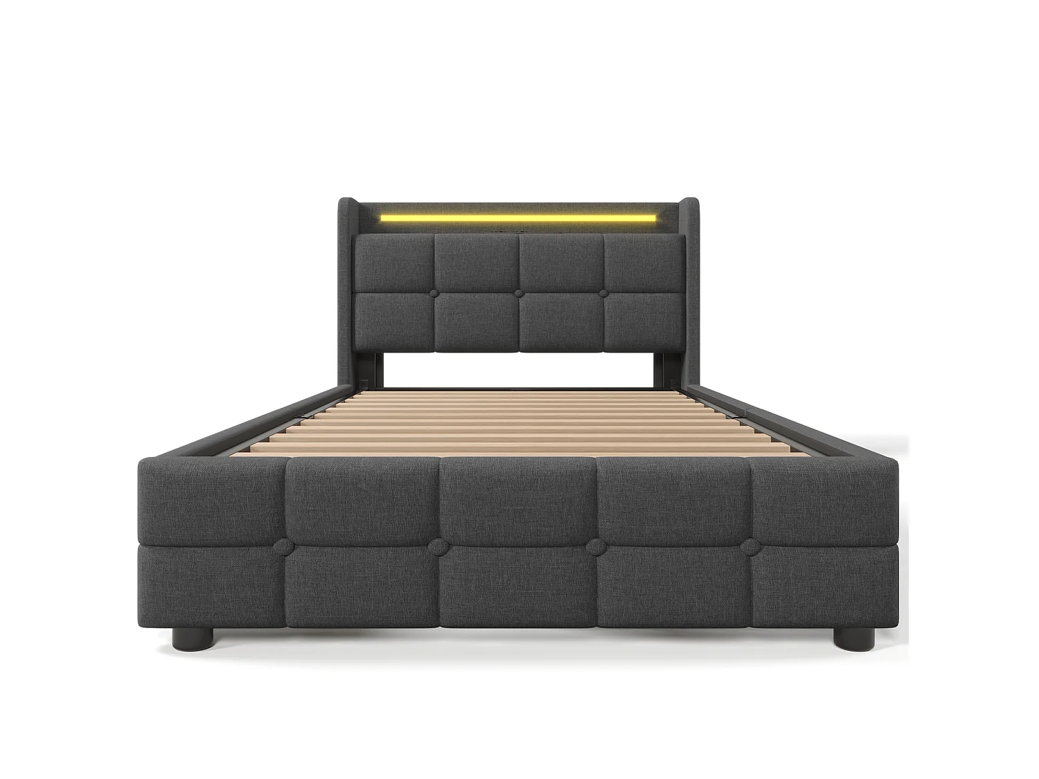 Lit simple 90x200 cm avec LED, USB, prises et 2 tiroirs, lit rembourré avec sommier à lattes, sans matelas, gris
