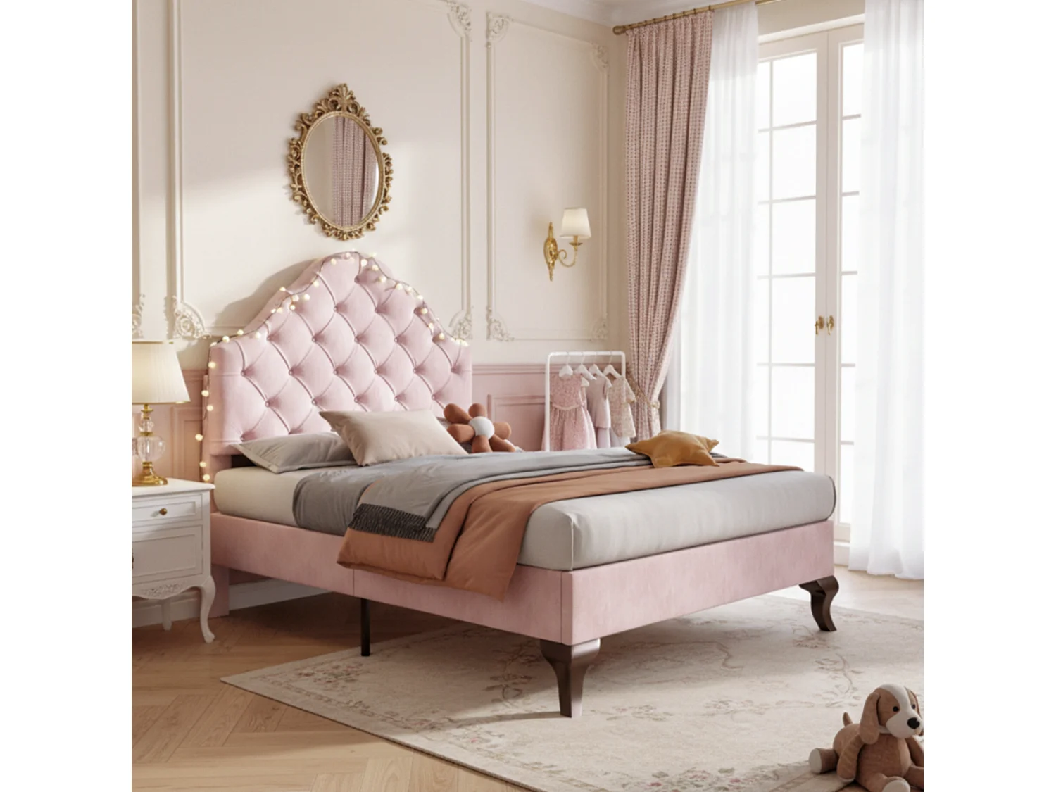 Lit tapissier 90x200 cm avec tête de lit réglable en hauteur, sommier à lattes, velours pour enfant et adolescent, rose
