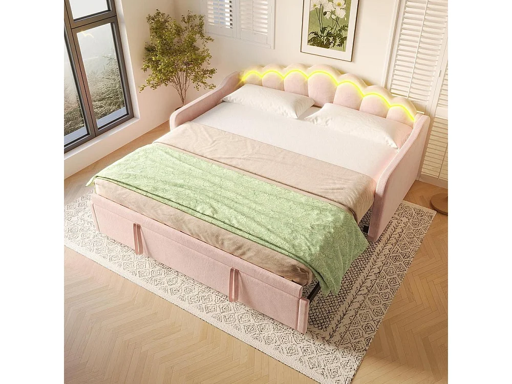 Canapé-lit extensible 90x200 cm en velours rose avec LED multicolore, lit simple ou double, tête de lit ondulée, sans matelas