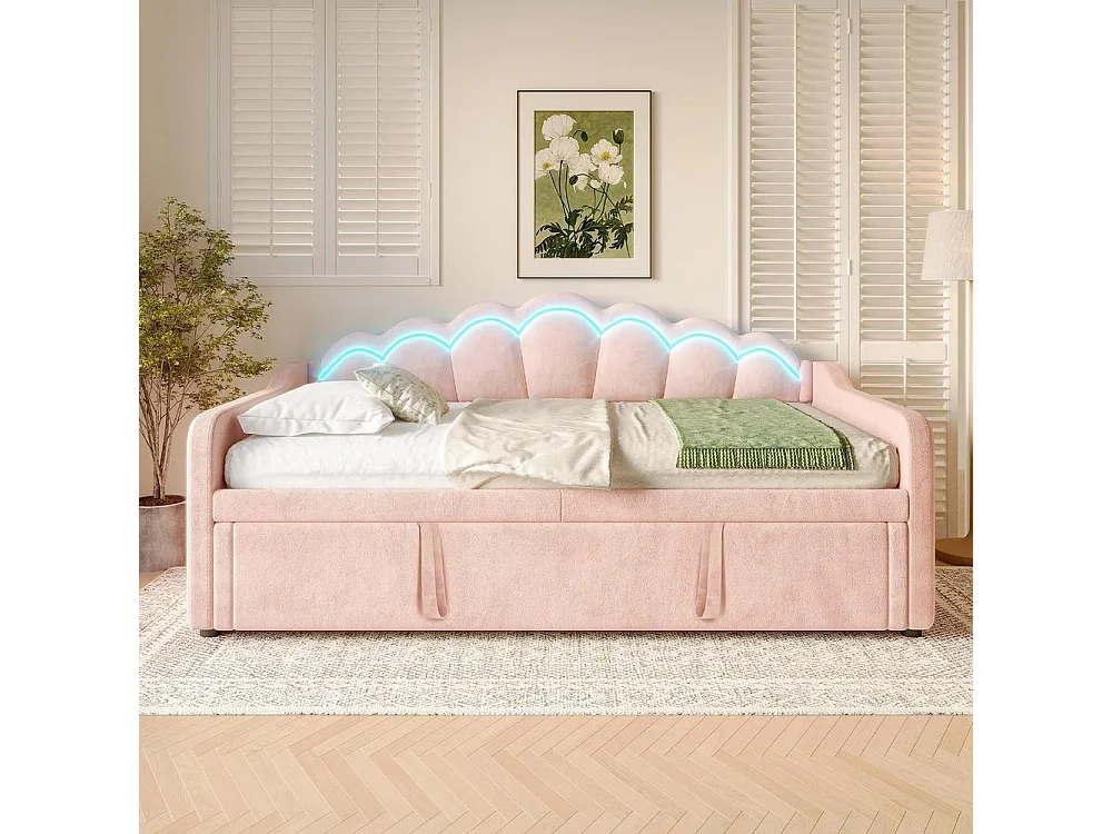Canapé-lit extensible 90x200 cm en velours rose avec LED multicolore, lit simple ou double, tête de lit ondulée, sans matelas