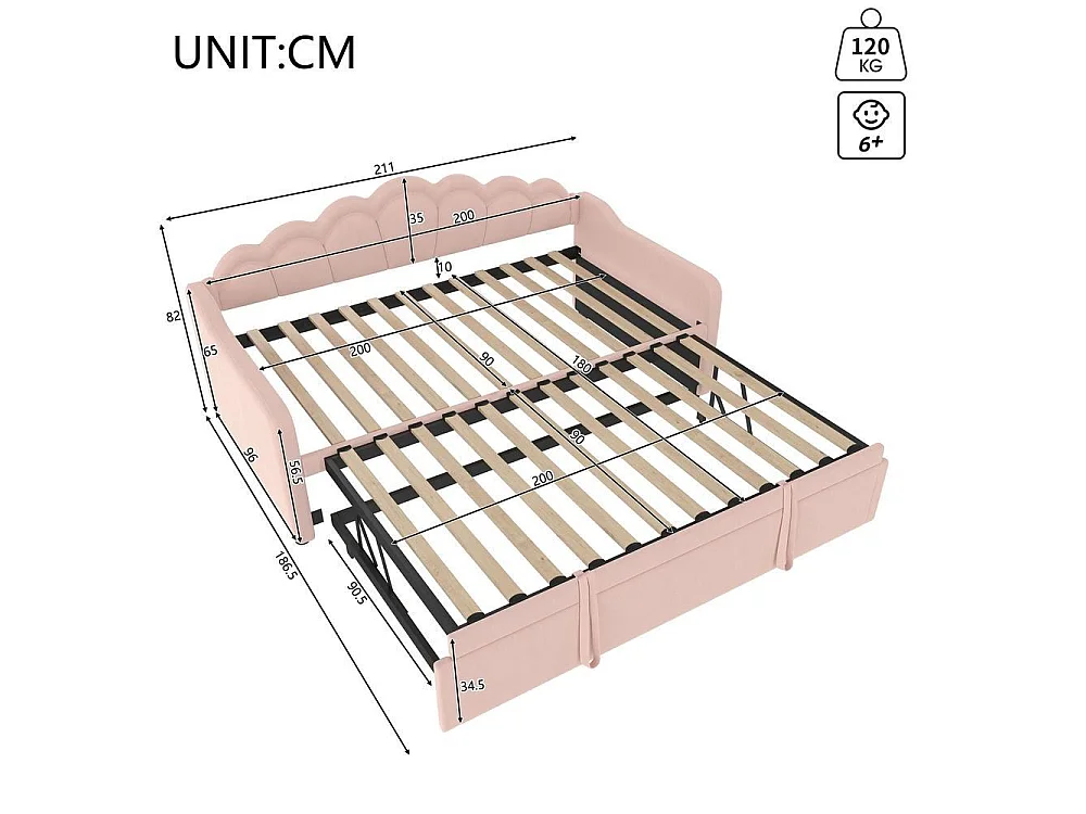 Canapé-lit extensible 90x200 cm en velours rose avec LED multicolore, lit simple ou double, tête de lit ondulée, sans matelas