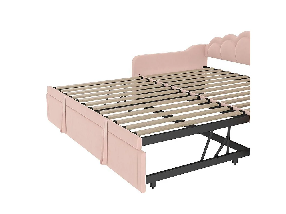Canapé-lit extensible 90x200 cm en velours rose avec LED multicolore, lit simple ou double, tête de lit ondulée, sans matelas