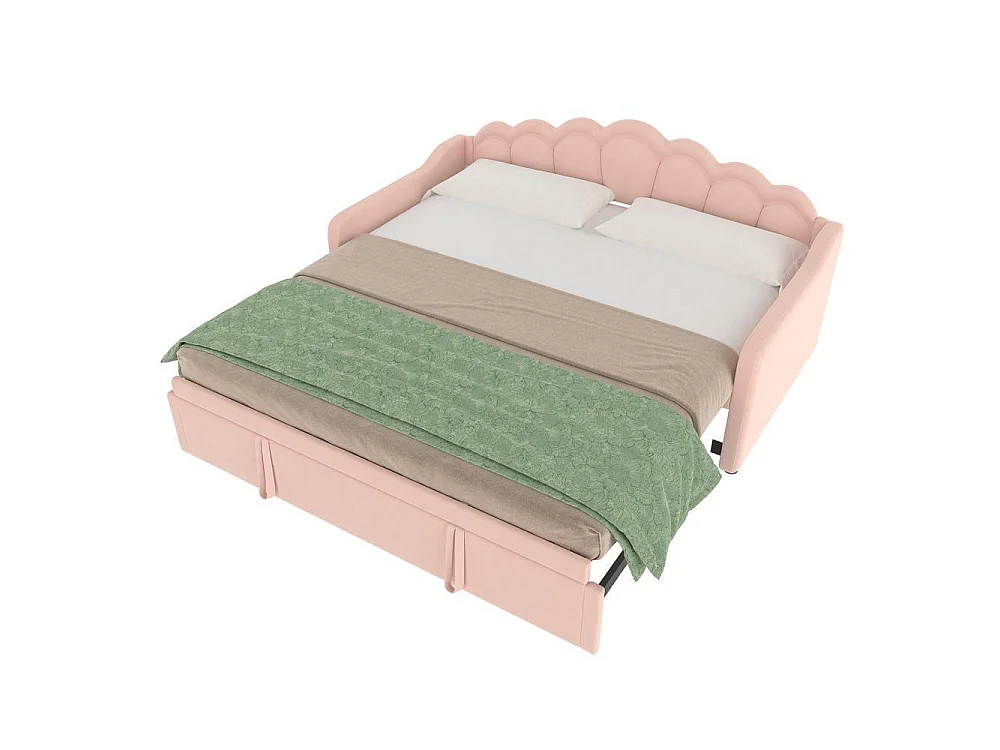 Canapé-lit extensible 90x200 cm en velours rose avec LED multicolore, lit simple ou double, tête de lit ondulée, sans matelas