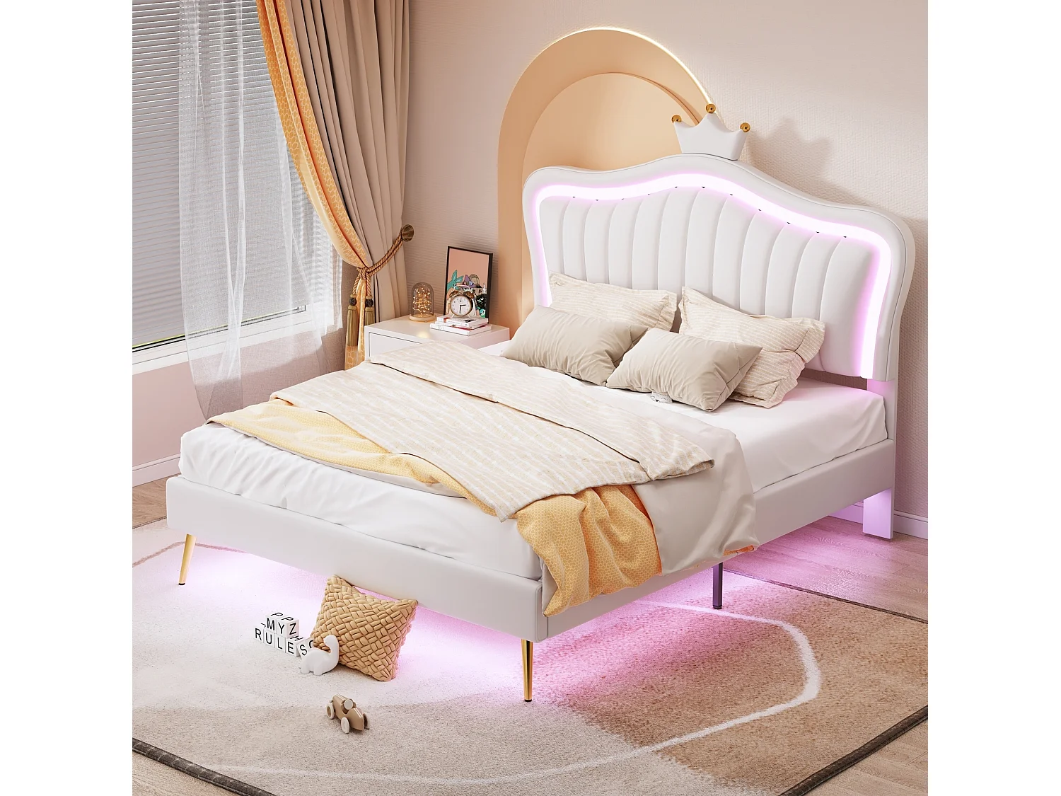 Lit Princesse Rembourré Blanc 140x200 cm avec LED Multicolore, Tête de Lit Coquille Couronne PU Cuir, Réglable 3 Positions,200 kg