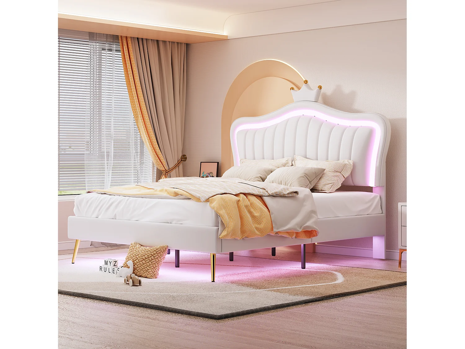 Lit Princesse Rembourré Blanc 140x200 cm avec LED Multicolore, Tête de Lit Coquille Couronne PU Cuir, Réglable 3 Positions,200 kg